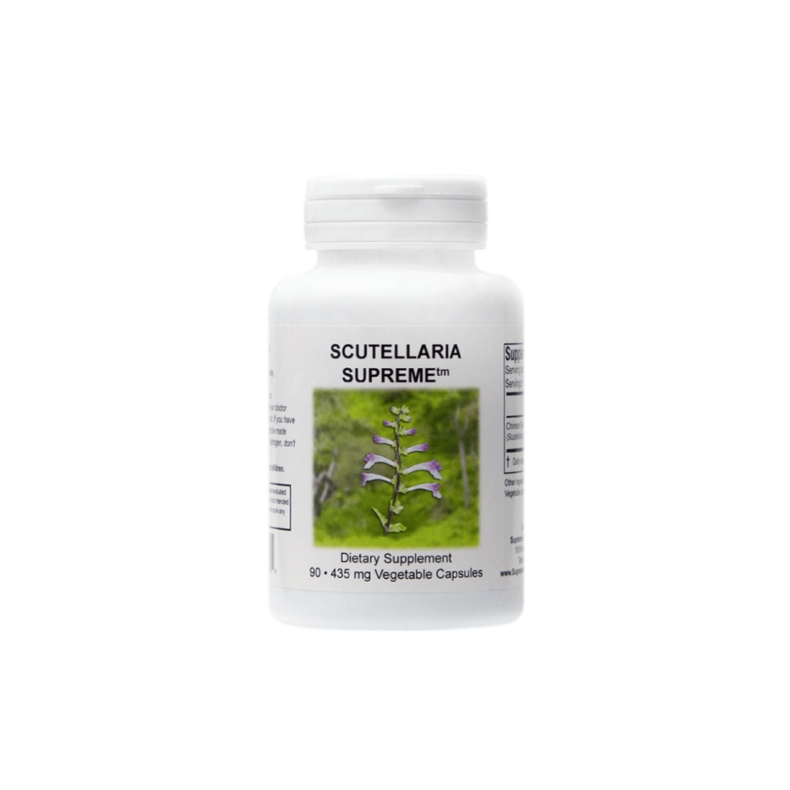 Supplement bottle labeled 'Scutellaria Supreme' with a plant image on a white background