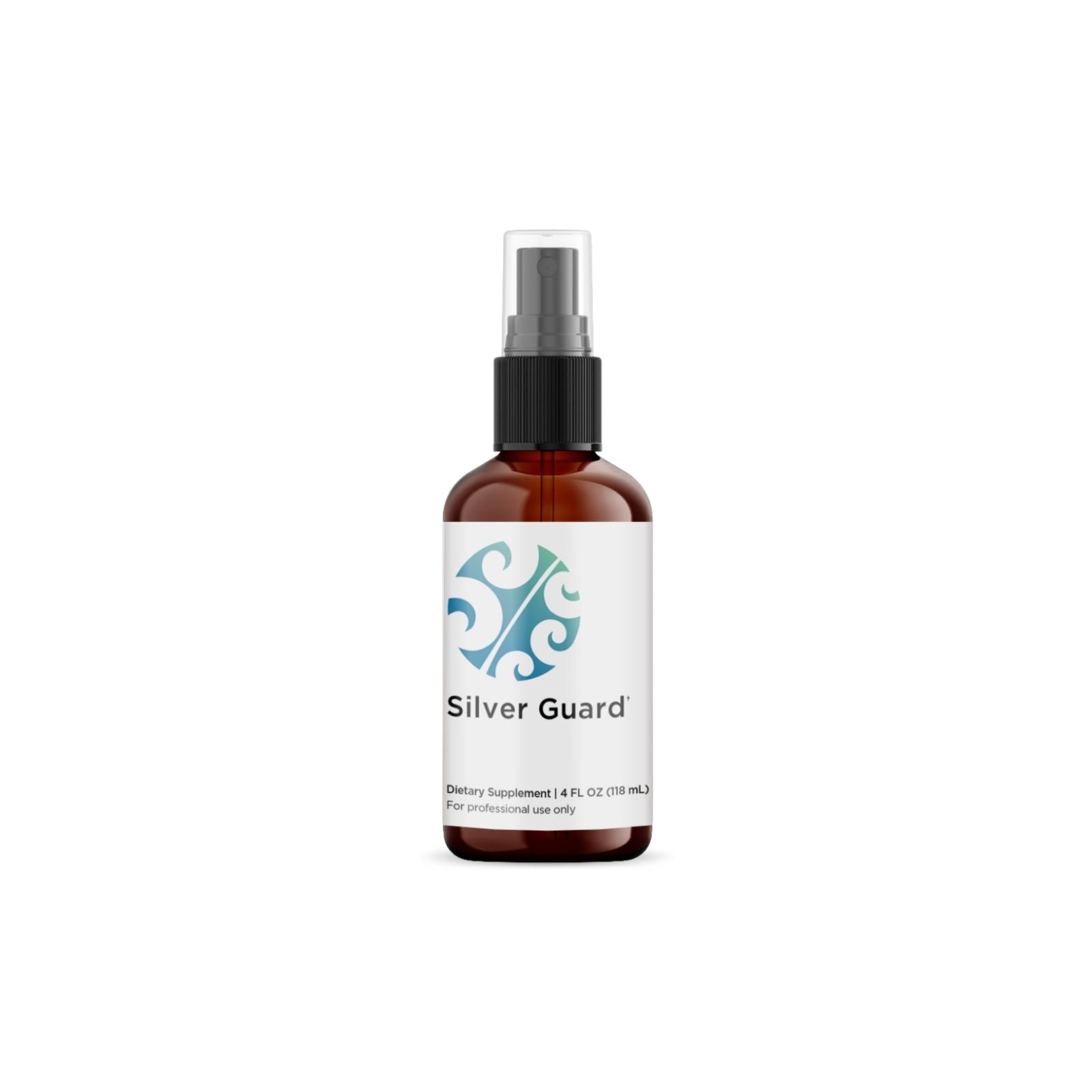 A bottle of Silver Guard Throat Spray with a white label featuring a blue and green design.