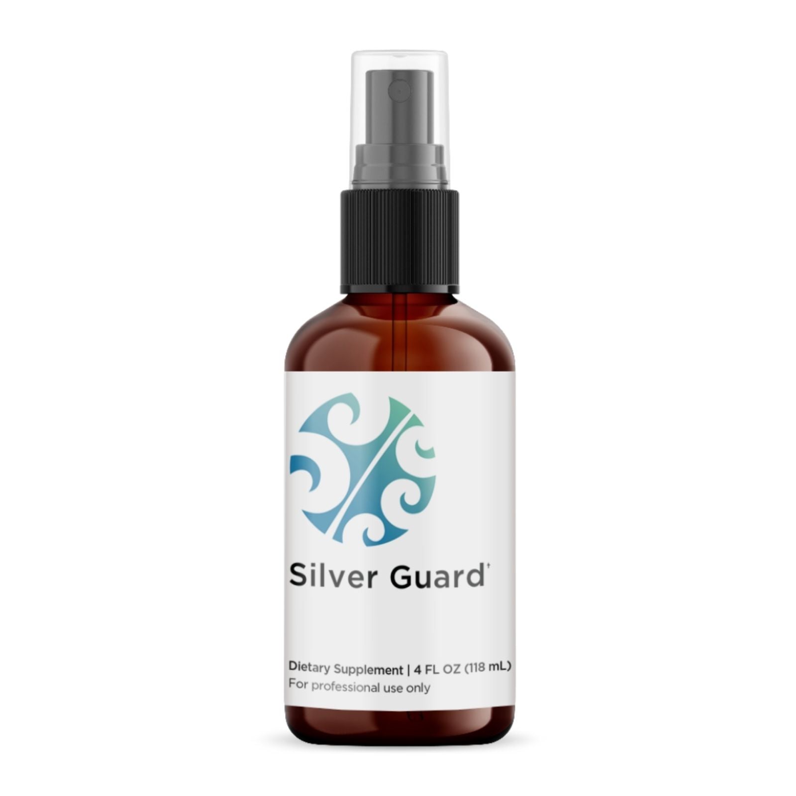 A bottle of Silver Guard Throat Spray with a white label featuring a blue and green design.