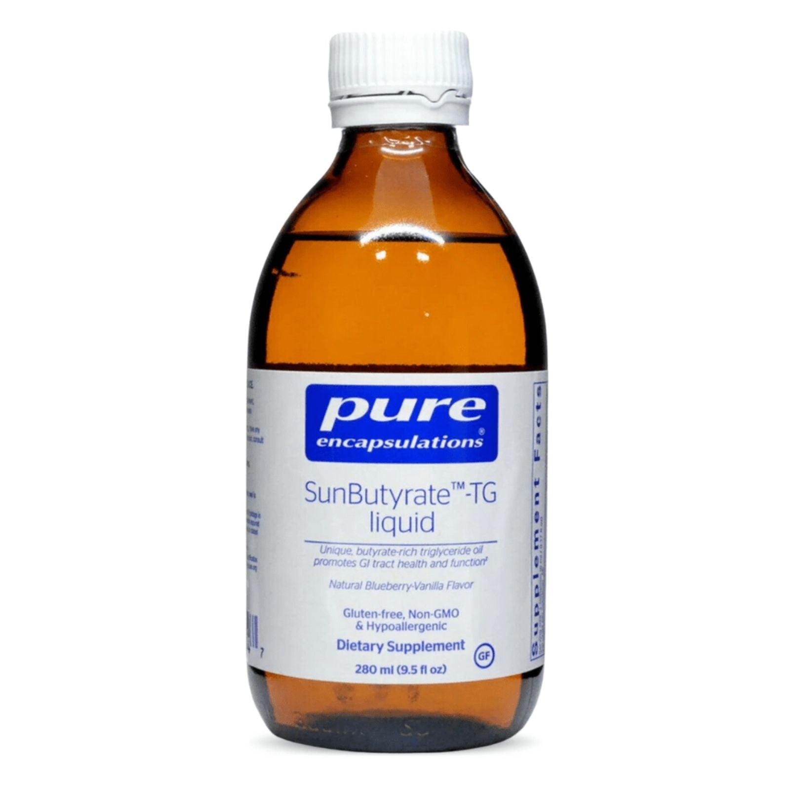 Bottle of pure encapsulations SunButyrate-TG liquid on a white background