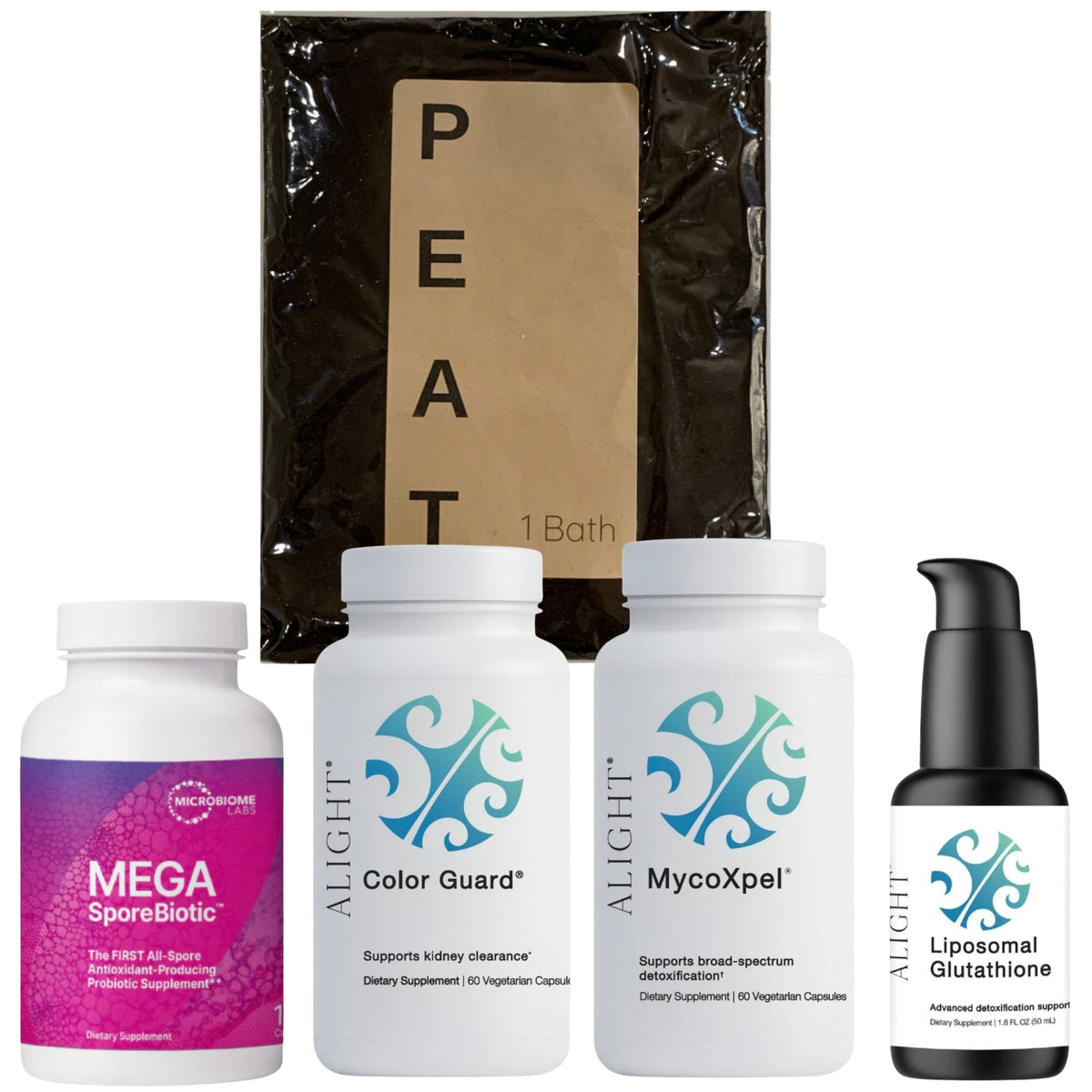 Collection of health and wellness products including bottles and a box labeled 'PEAT'.