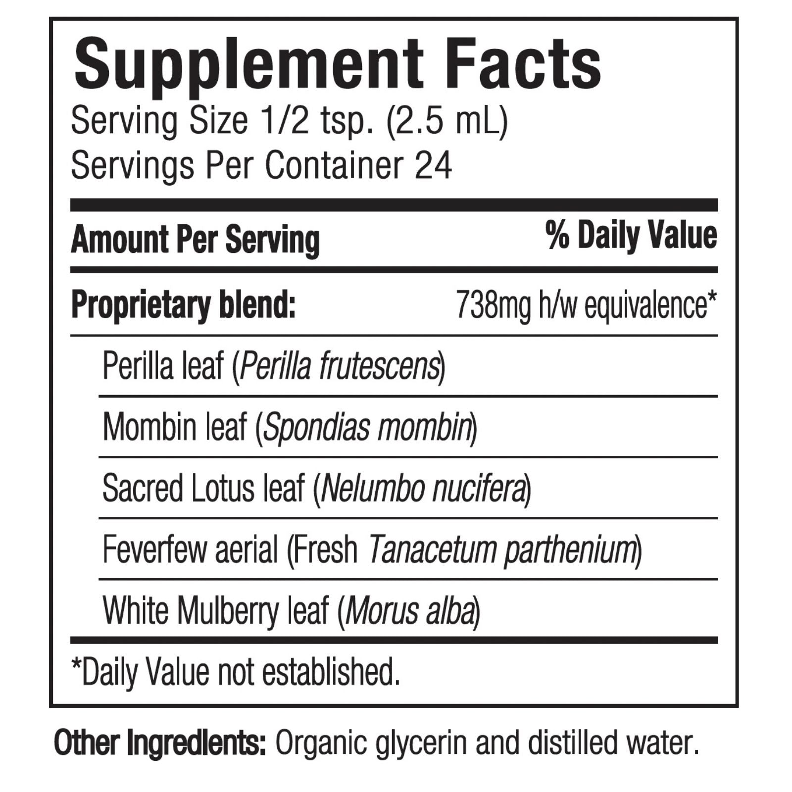 Supplement facts label with herbal ingredients and serving size details.