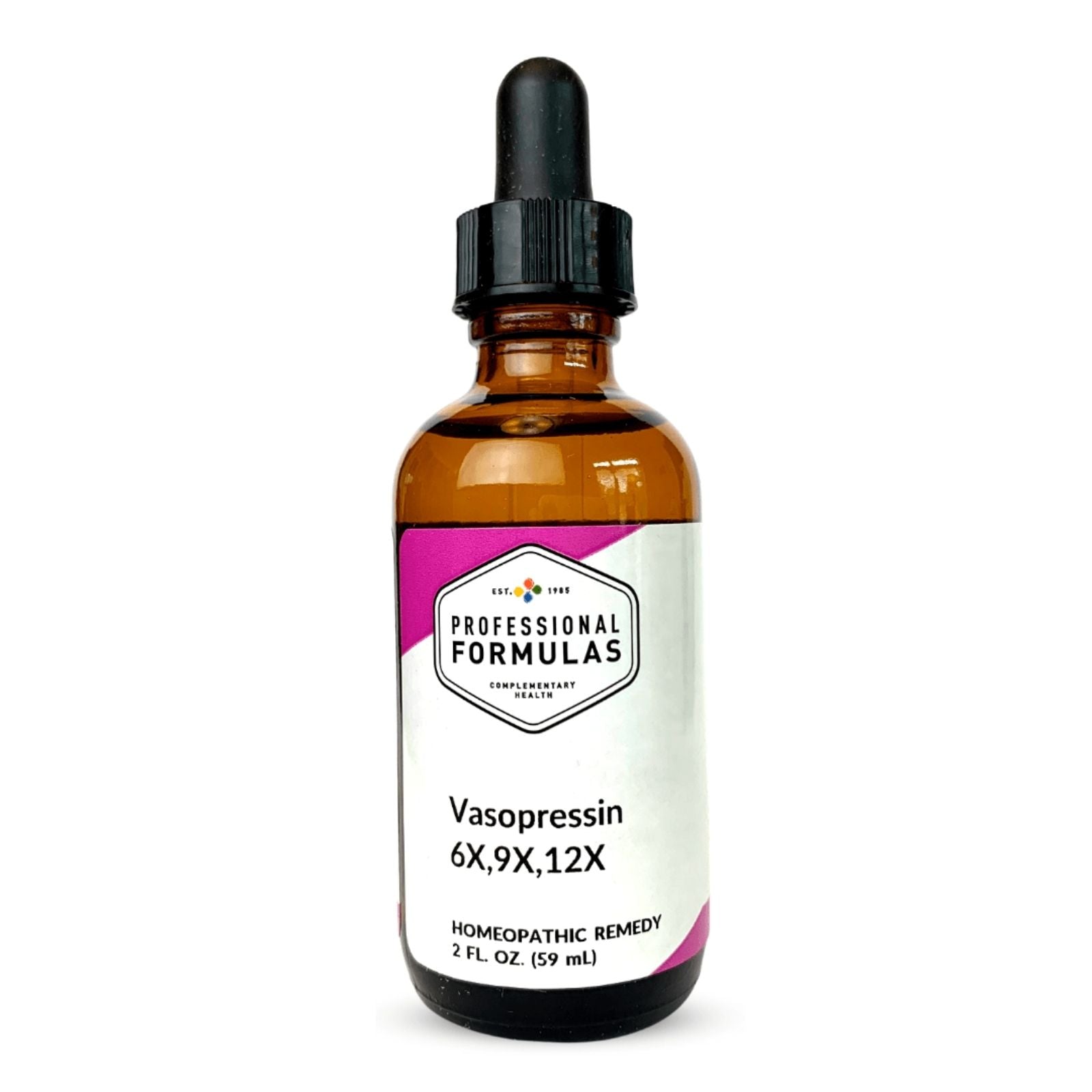 A bottle of Professional Formulas Vasopressin homeopathic remedy, with potencies 6X, 9X, 12X, in a 2 fluid ounce dropper bottle.