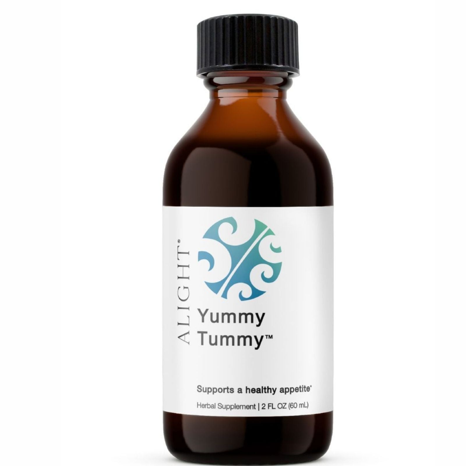 Bottle of 'Yummy Tummy' herbal supplement with a black cap on a white background