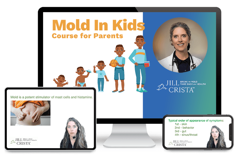 Mold in Kids course for parents by Dr. Jill Crista, showing children, symptoms, and guidance on mold-related health.