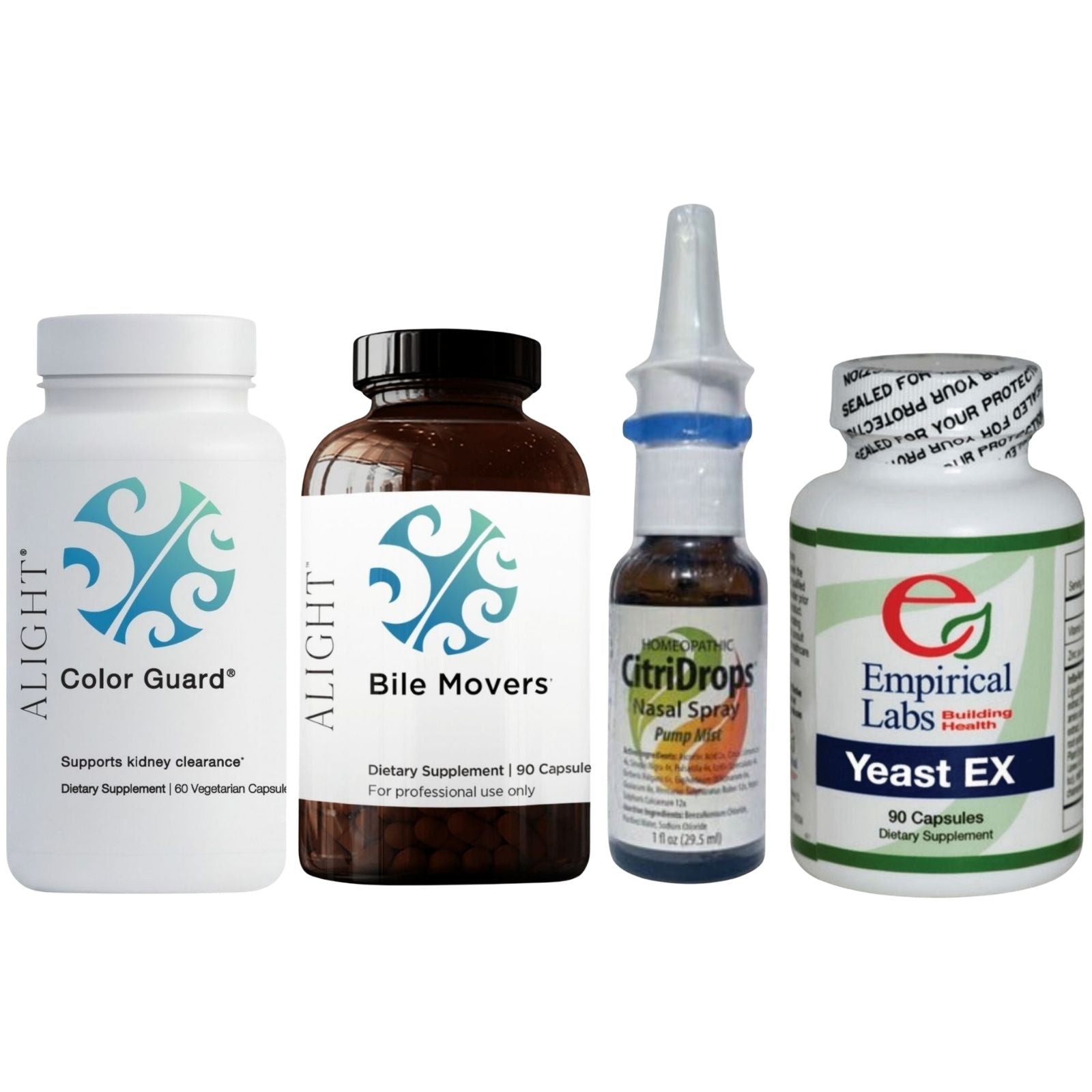 Four dietary supplement bottles from different brands on a white background