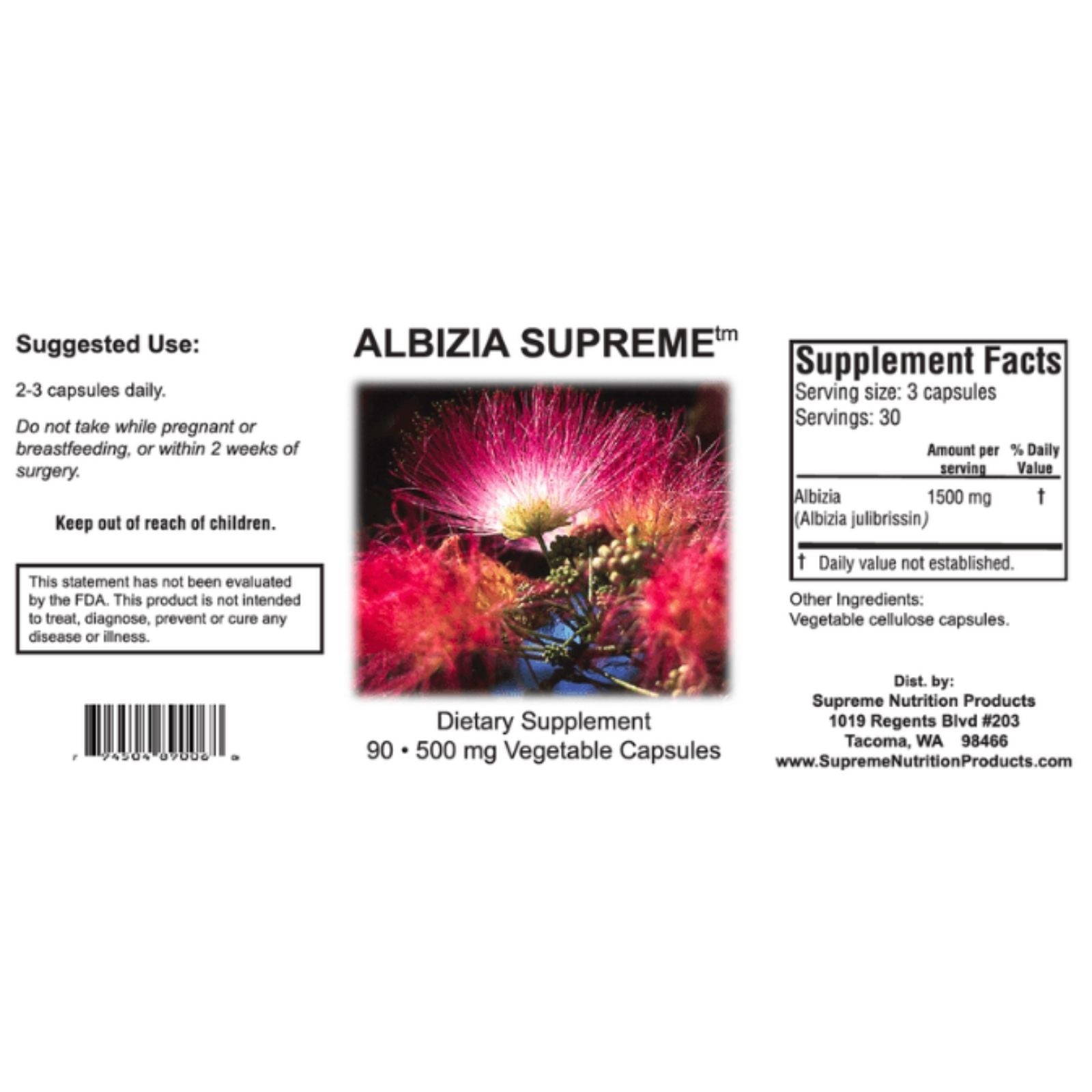 Supplement label for Albizia Supreme with a colorful design and text.