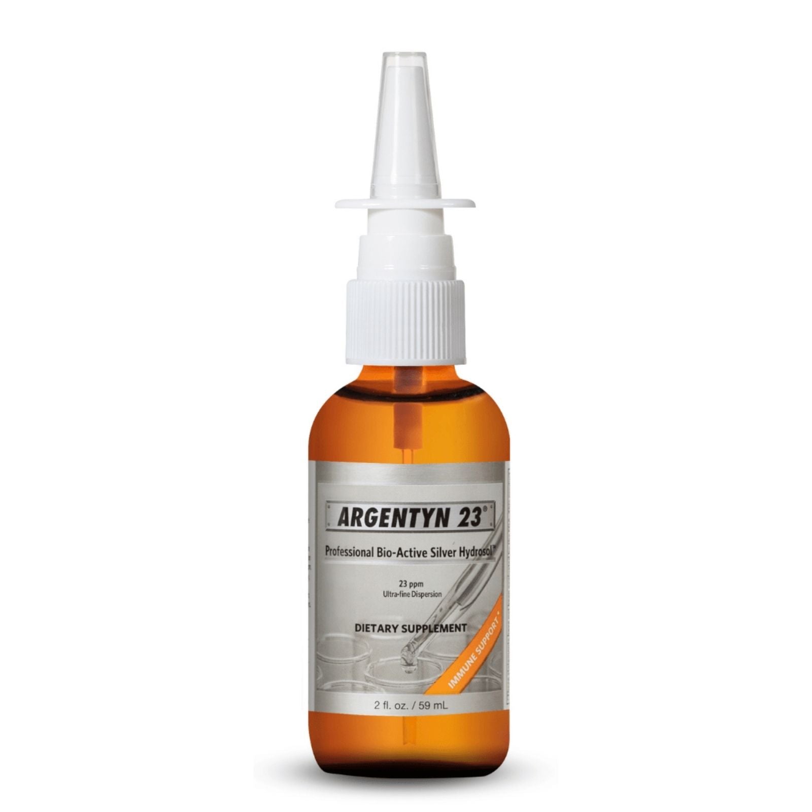Amber bottle with white spray nozzle labeled 'ARGENTYN 23' on a white background