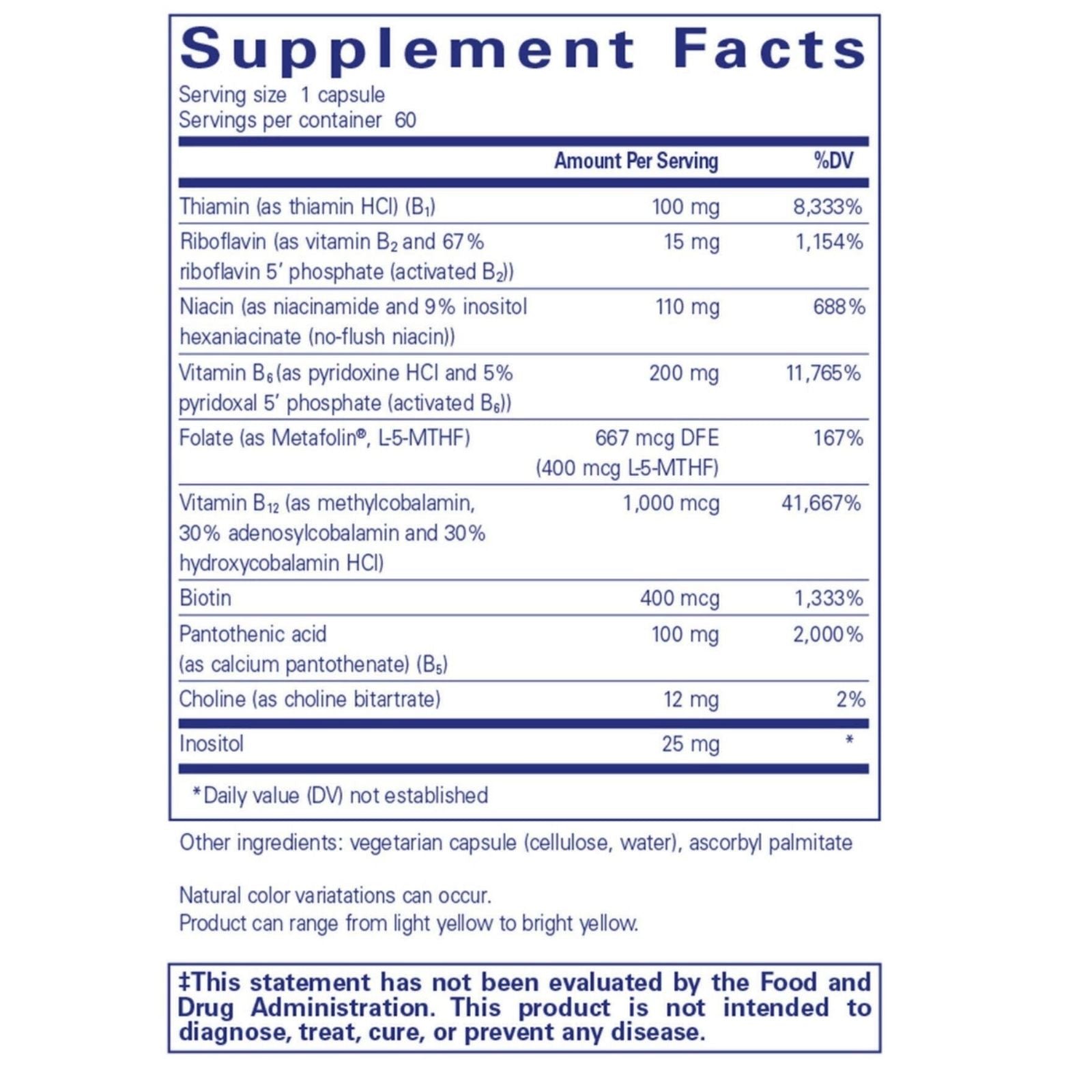Supplement facts label for a dietary supplement capsule