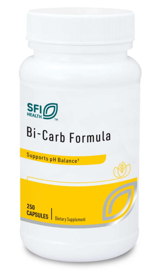 Supplement bottle labeled 'Bi-Carb Formula' by SFI Health on a white background