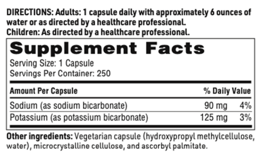 Bi-Carb Formula Supplement label with directions and facts on a white background