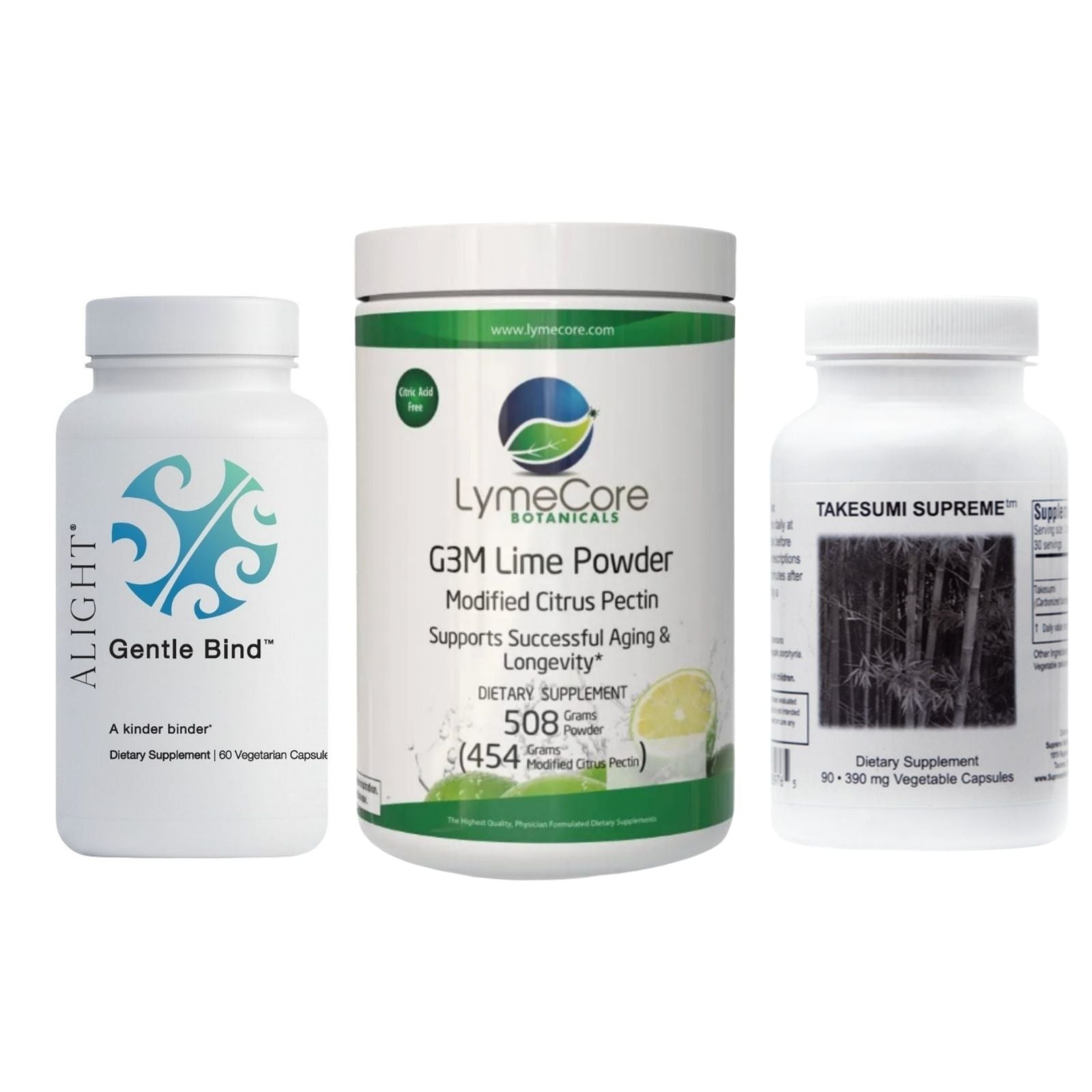 Three dietary supplement bottles on a white background