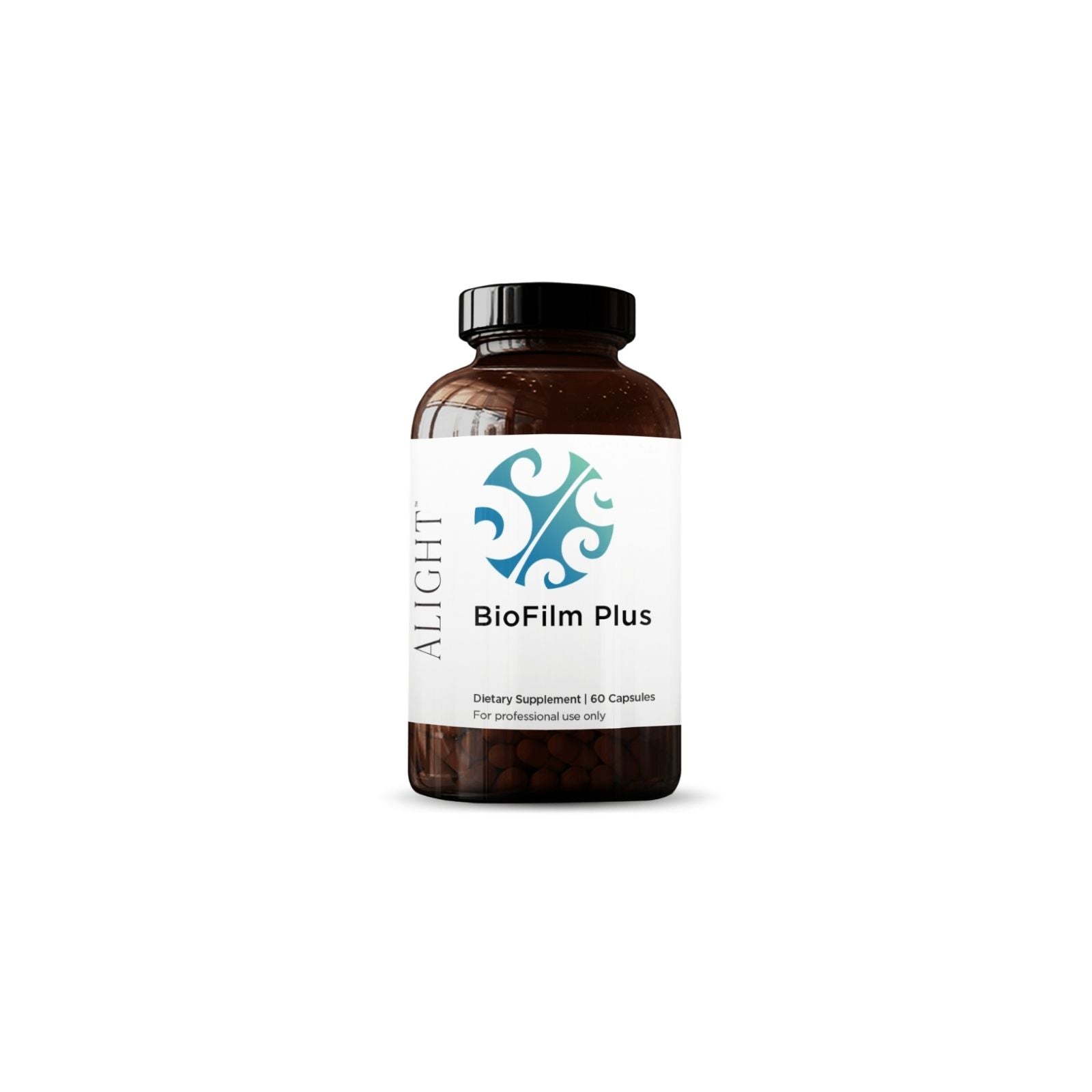 A bottle of BioFilm Plus dietary supplement with 120 capsules, labeled for use in supporting a healthy inflammatory response.