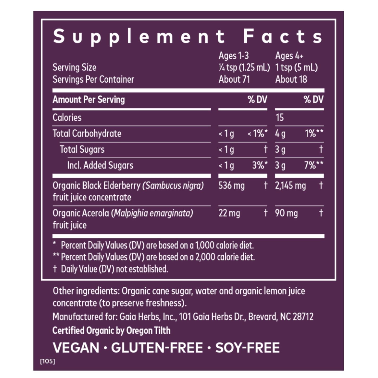 Supplement facts label with detailed nutritional information on a purple background