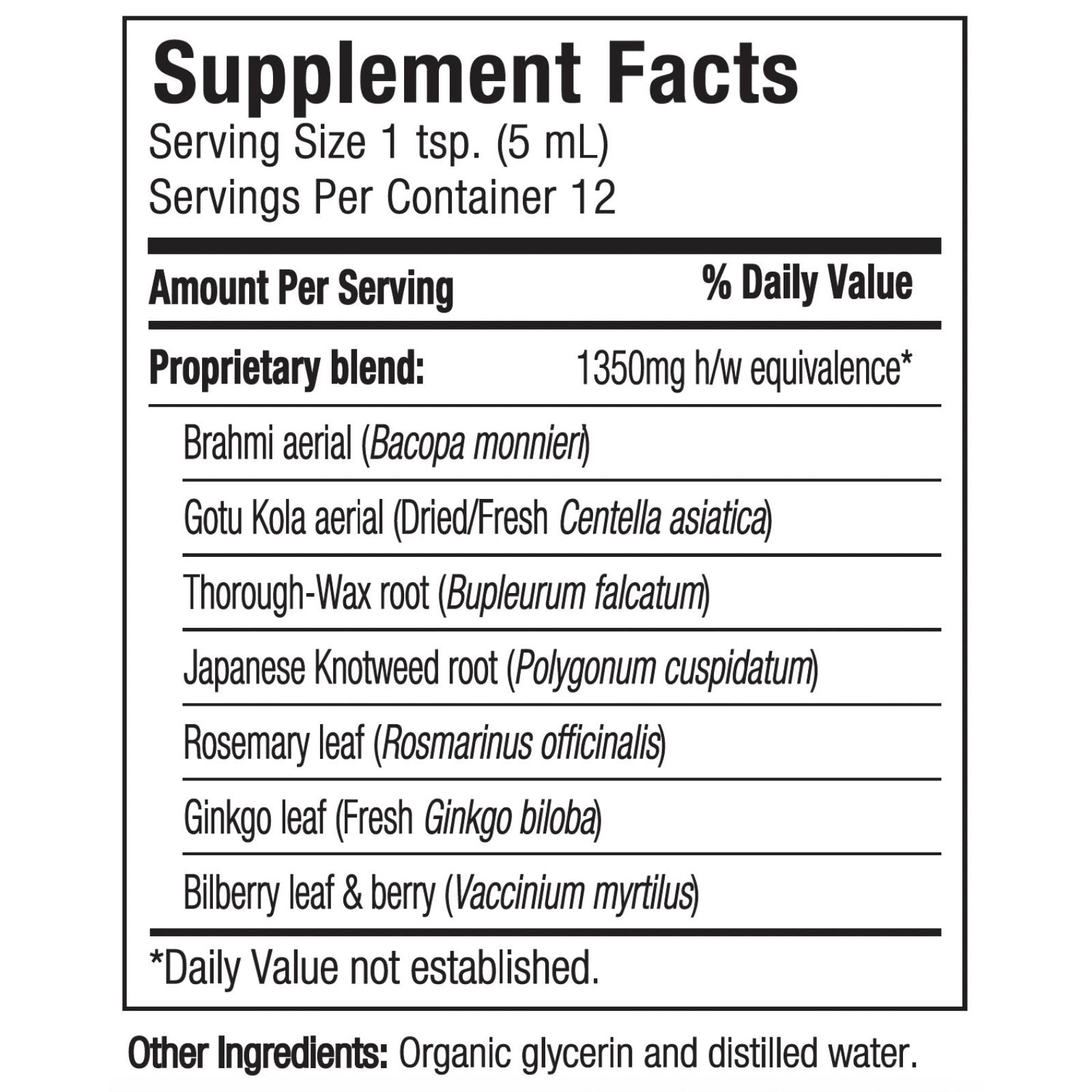 Supplement facts label with listed ingredients and serving size