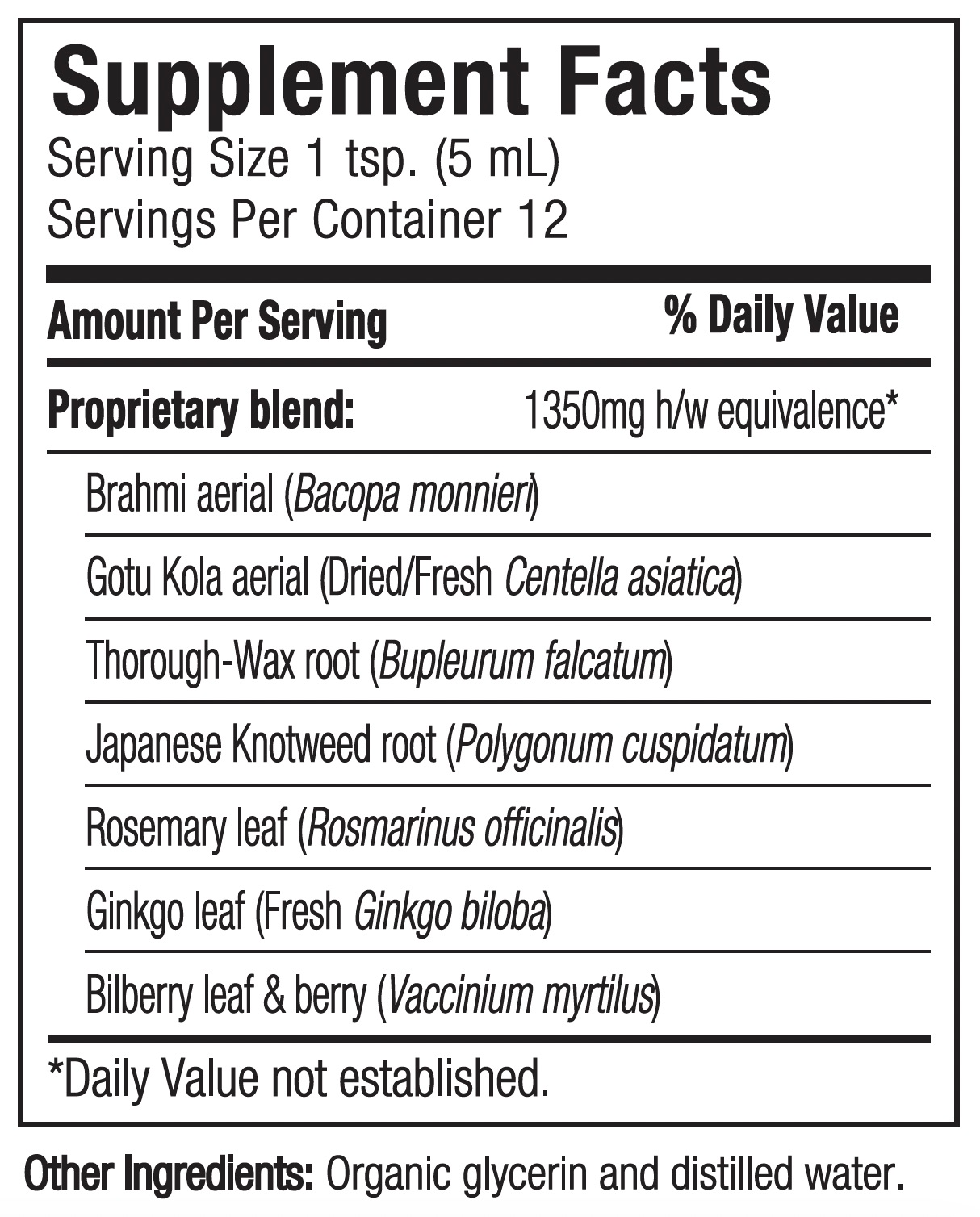 Supplement facts label with listed ingredients and serving size