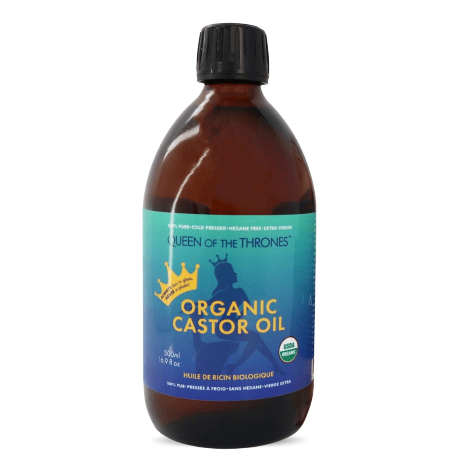 Bottle of 'Queen of the Thrones' Organic Castor Oil on a white background