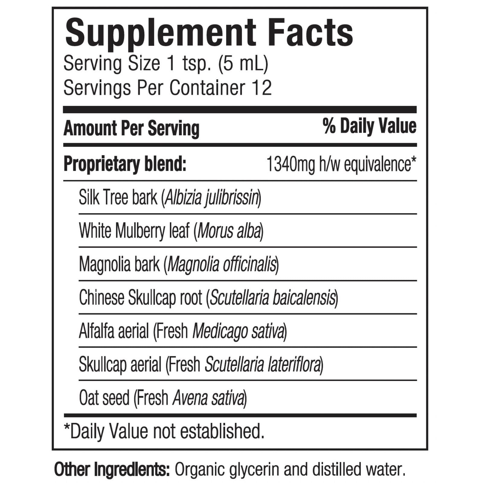 Supplement facts label with herbal ingredients and serving size details