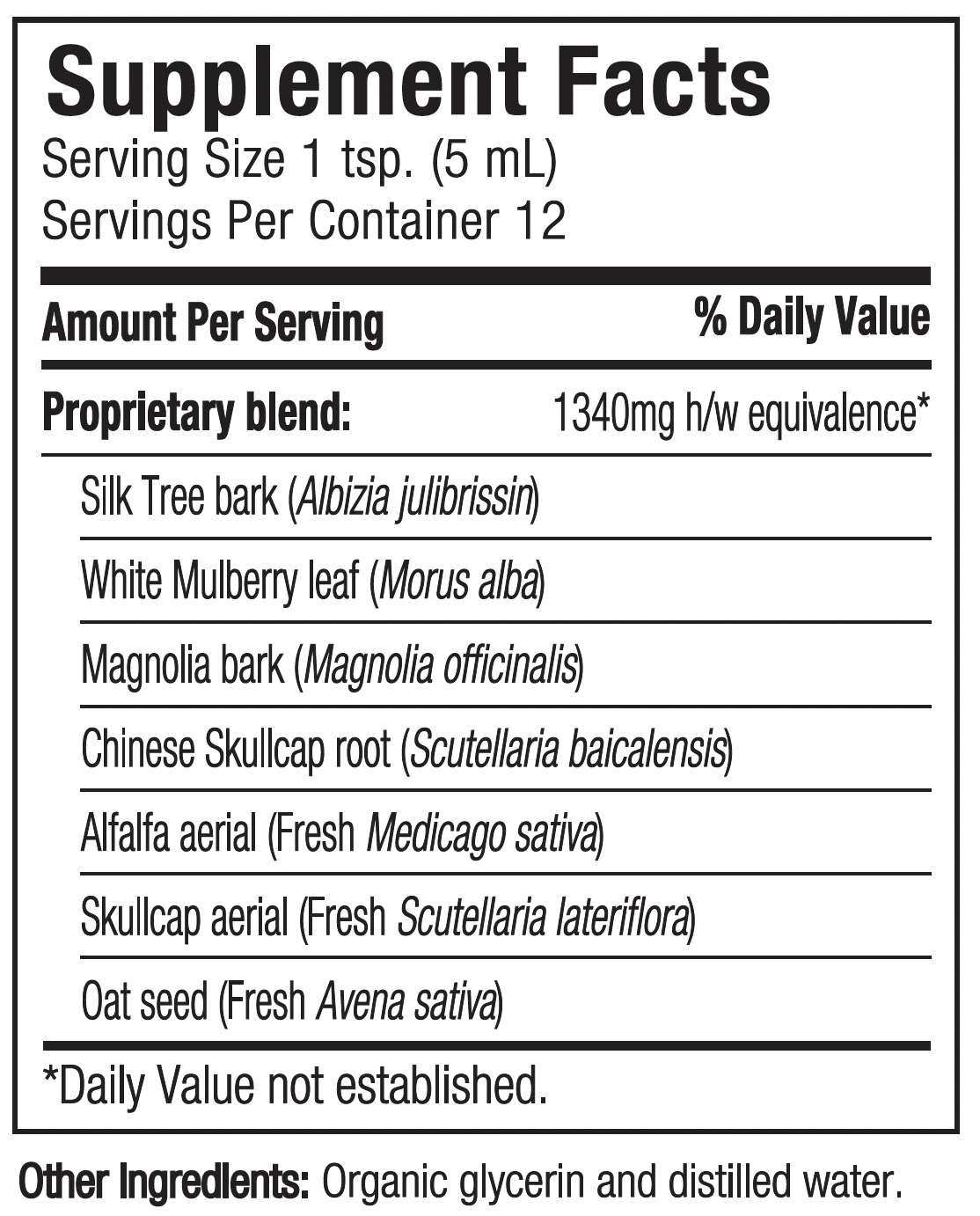 Supplement facts label with herbal ingredients and serving size details
