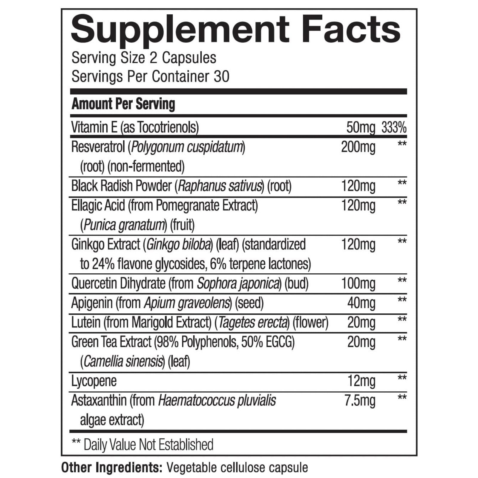 Supplement facts label with various ingredients and their amounts per serving.