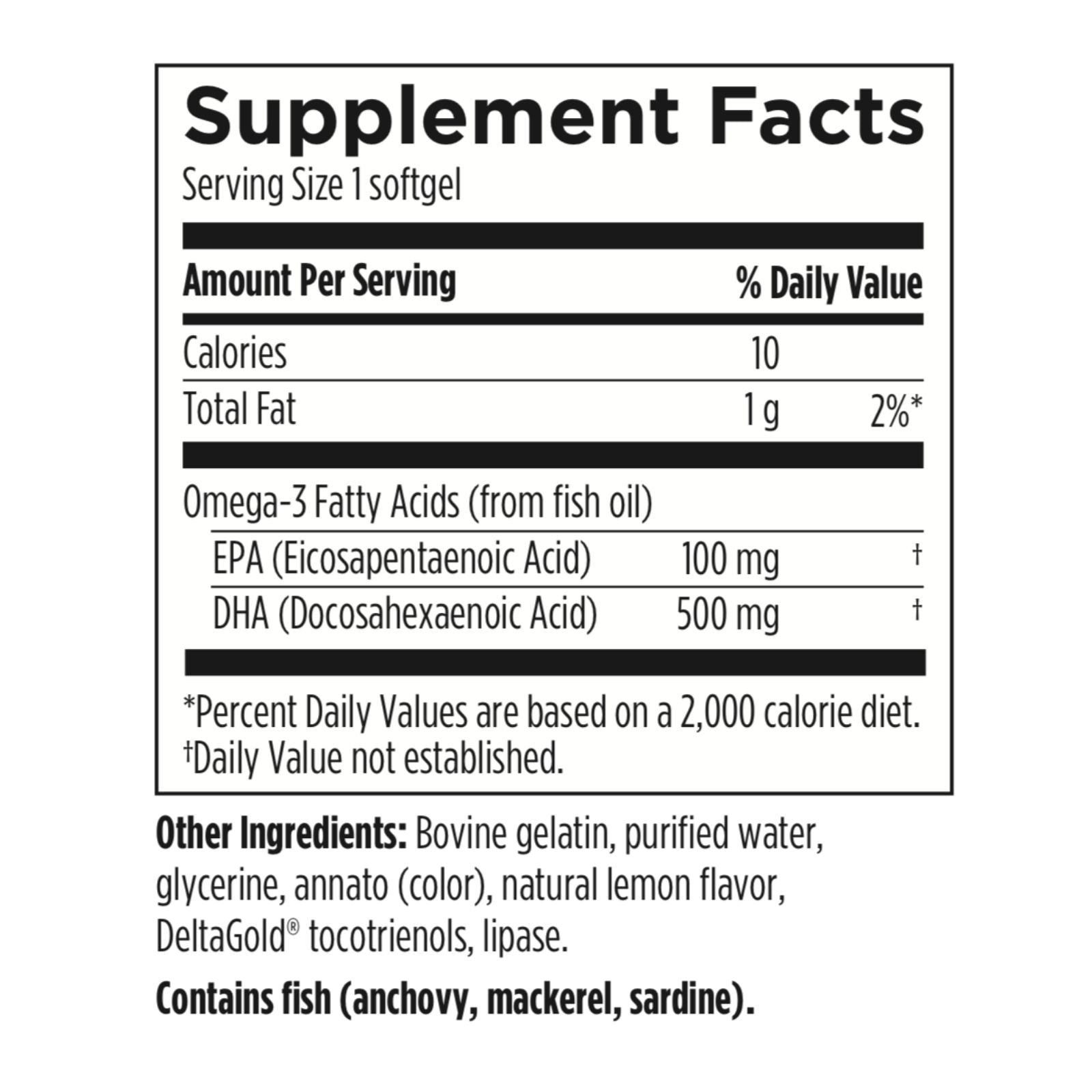 Supplement facts label for a product with omega-3 fatty acids