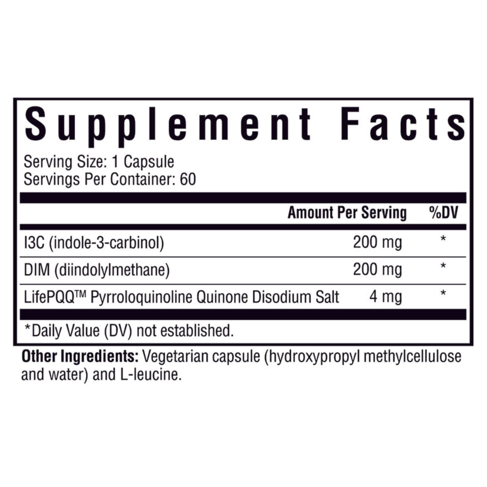 Supplement facts label with I3C, DIM, and LifePOQ contents on a white background