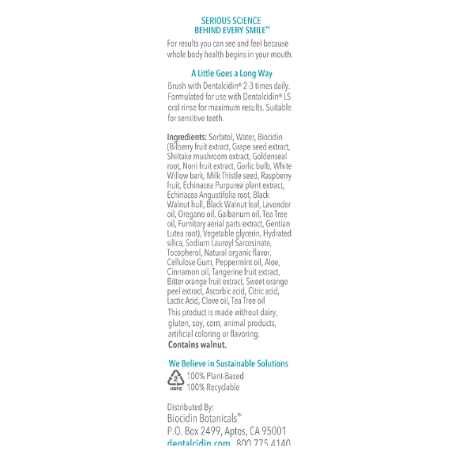 Dentalaid product label with ingredient list and sustainability information.