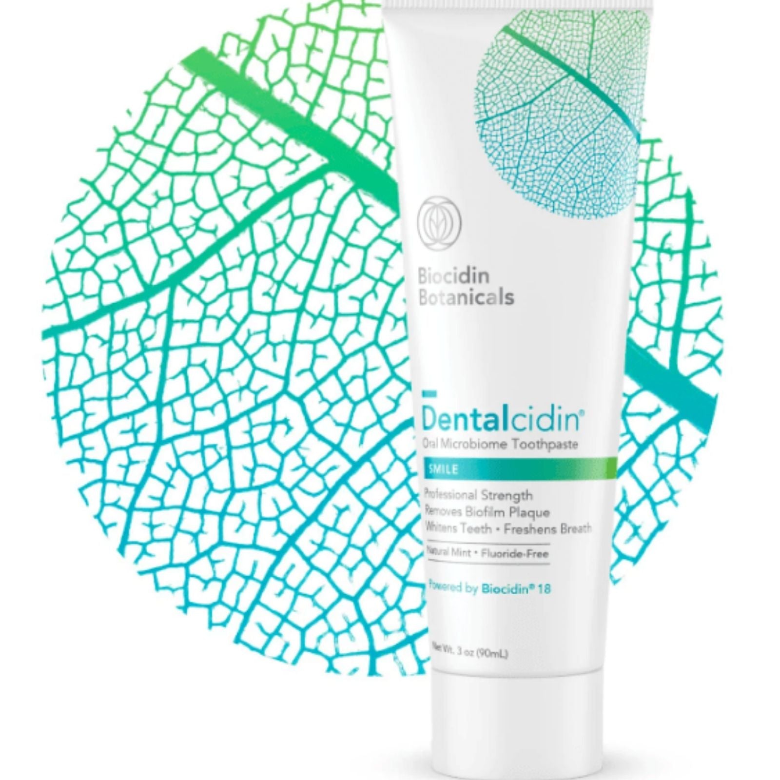Dentalcidin Botanicals toothpaste tube with leaf design on a white background