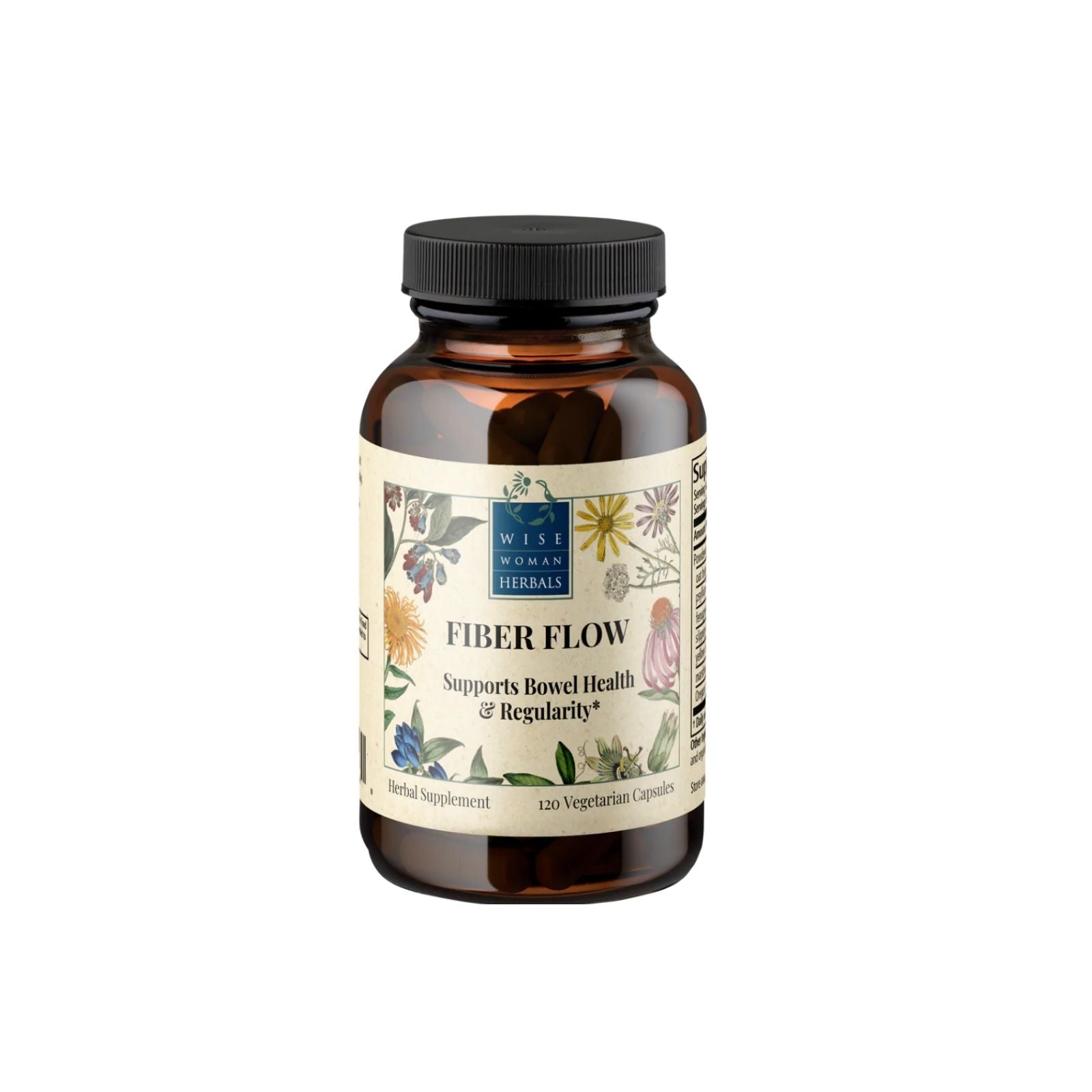 Bottle of Wise Woman Herbs Fiber Flow supplement on a white 