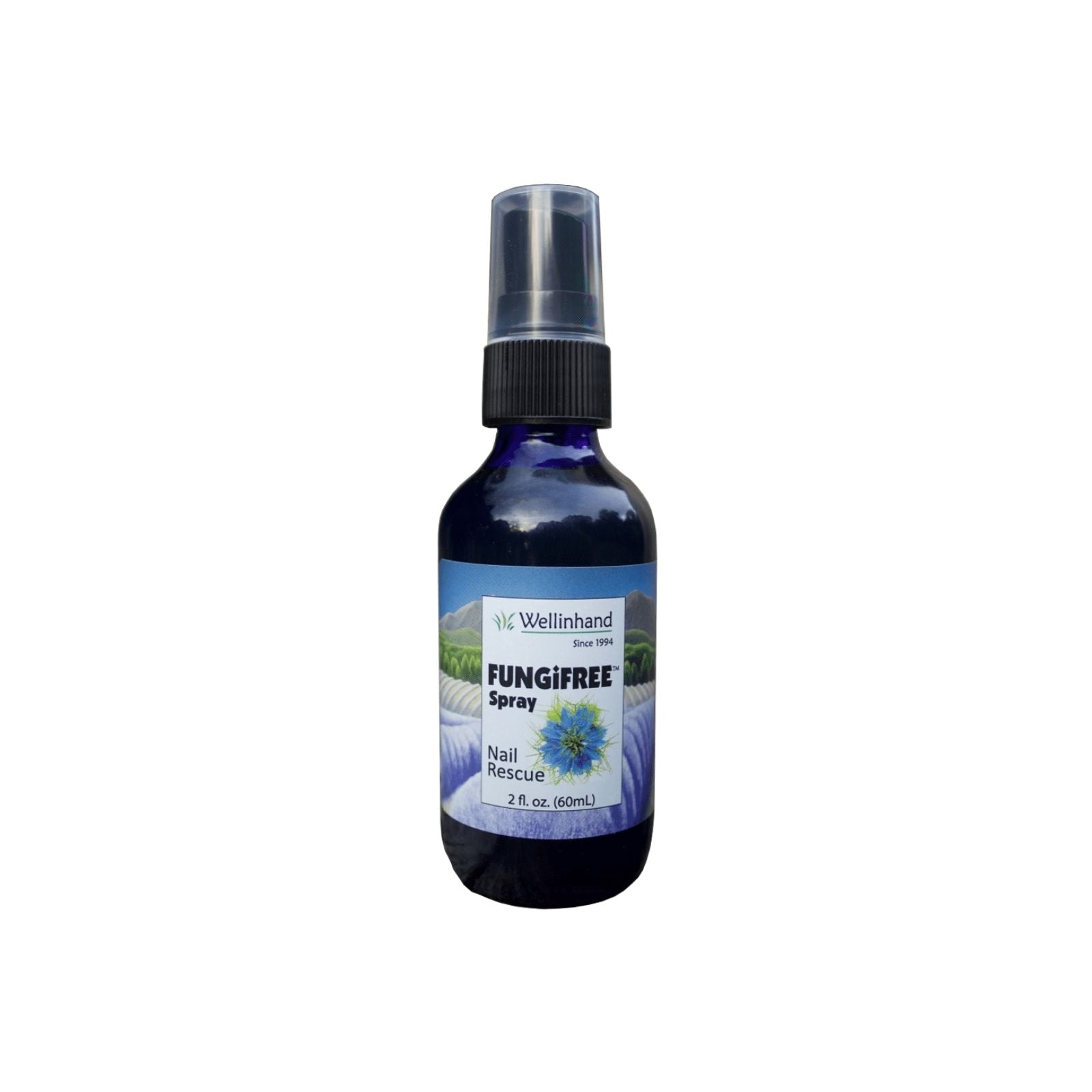 A bottle of FungiFree Nail Rescue Spray with a label featuring a blue and white design, indicating it is a topical nail care product.