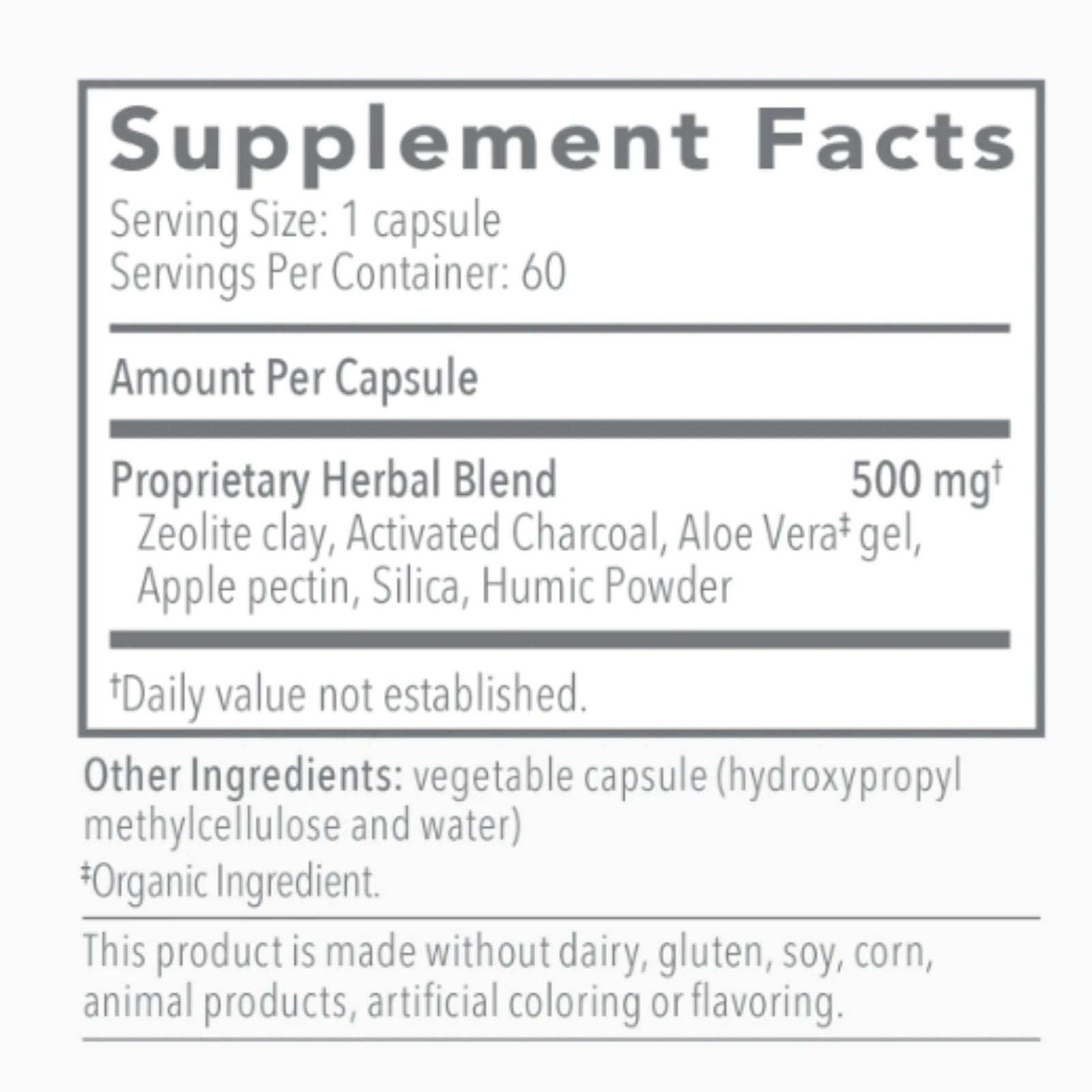 Supplement facts label for a proprietary herbal blend capsule on a white background
