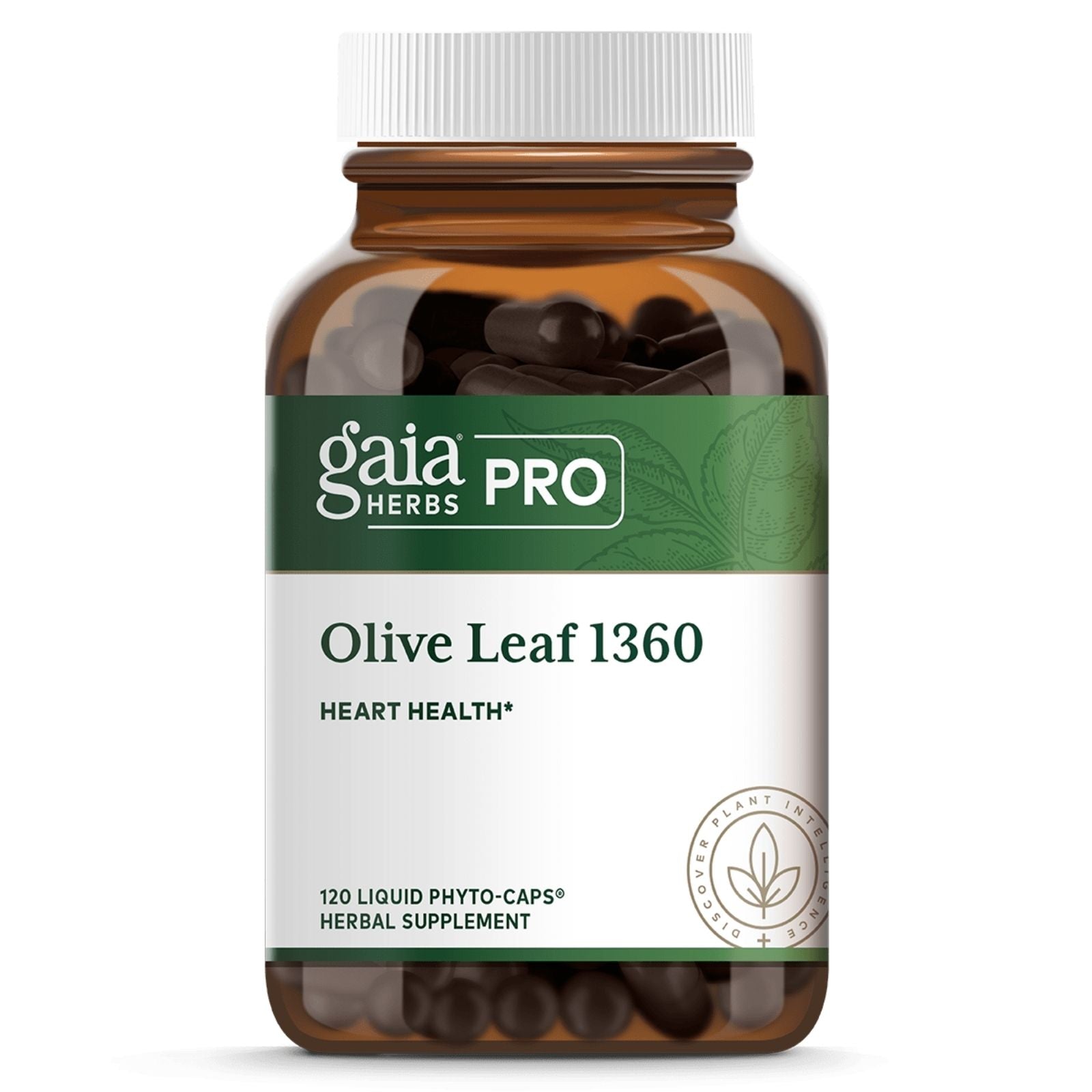 Gaia Herbs Olive Leaf 1360 supplement bottle on a transparent background