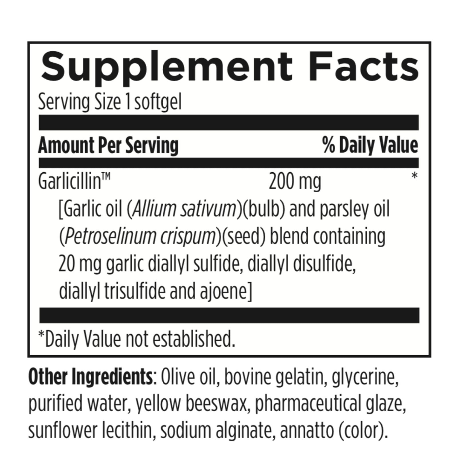 Supplement facts label for Garlicillin with serving size, amount per serving, and other ingredients listed.