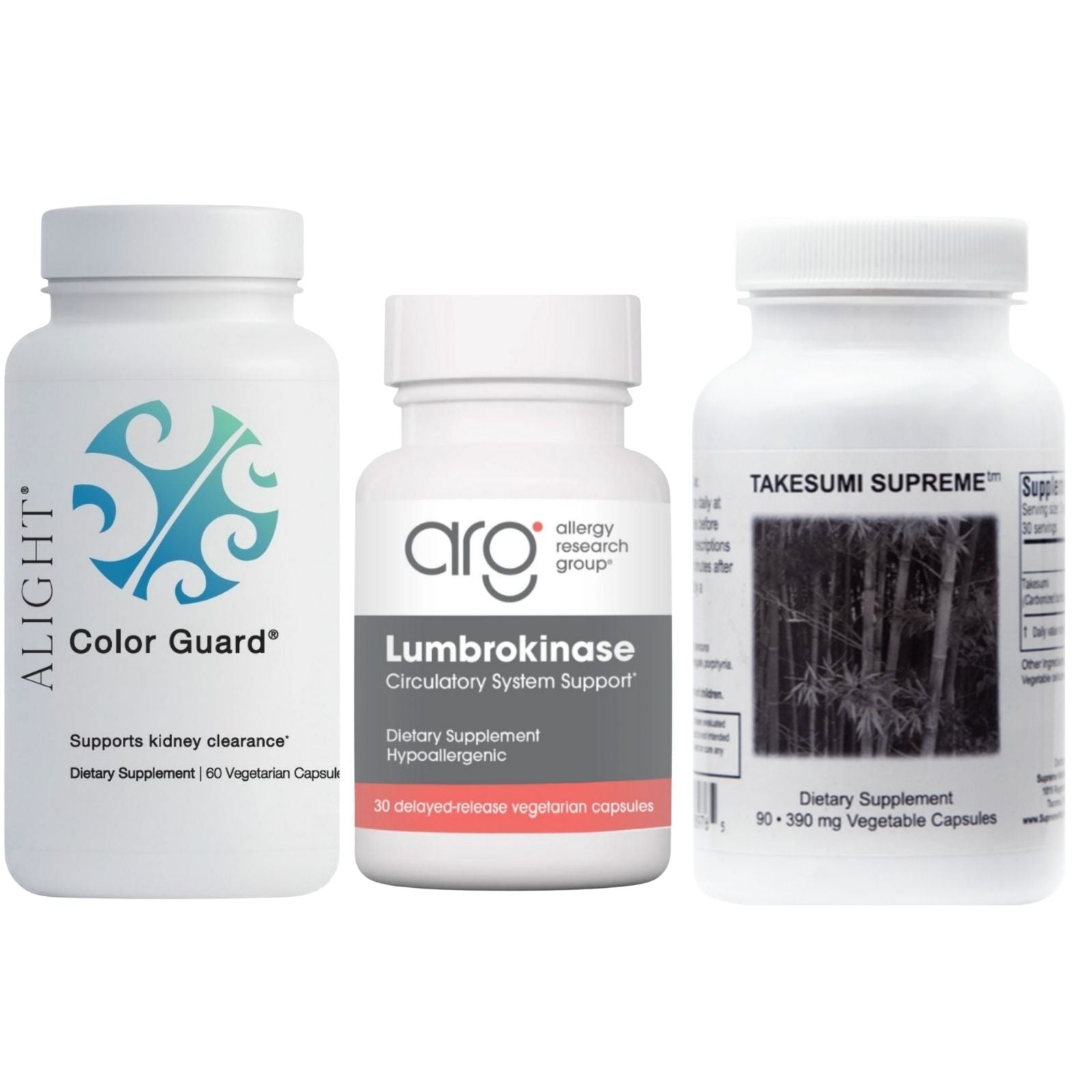 Three dietary supplement bottles from different brands on a white background