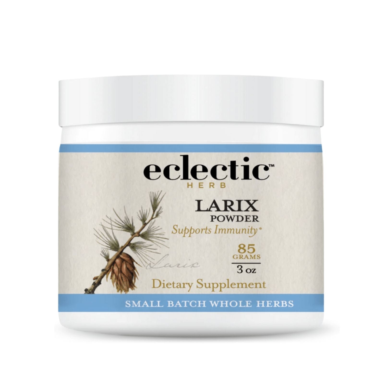 Dietary supplement container labeled 'Larix Powder' by Eclectic Herb on a white background