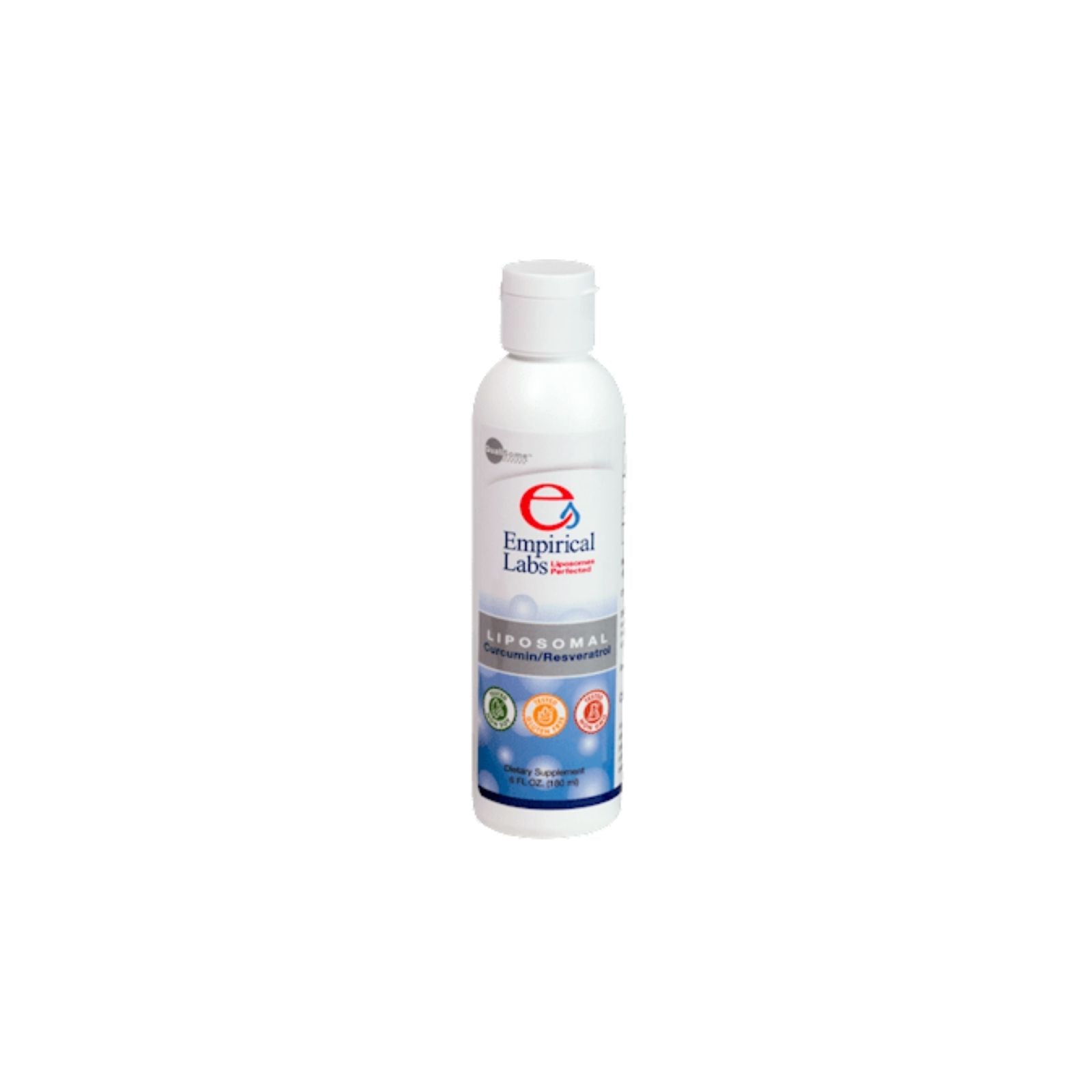 Bottle of Empirical Labs Liposomal Curcumin/Resveratrol supplement with labels indicating the ingredients and benefits.