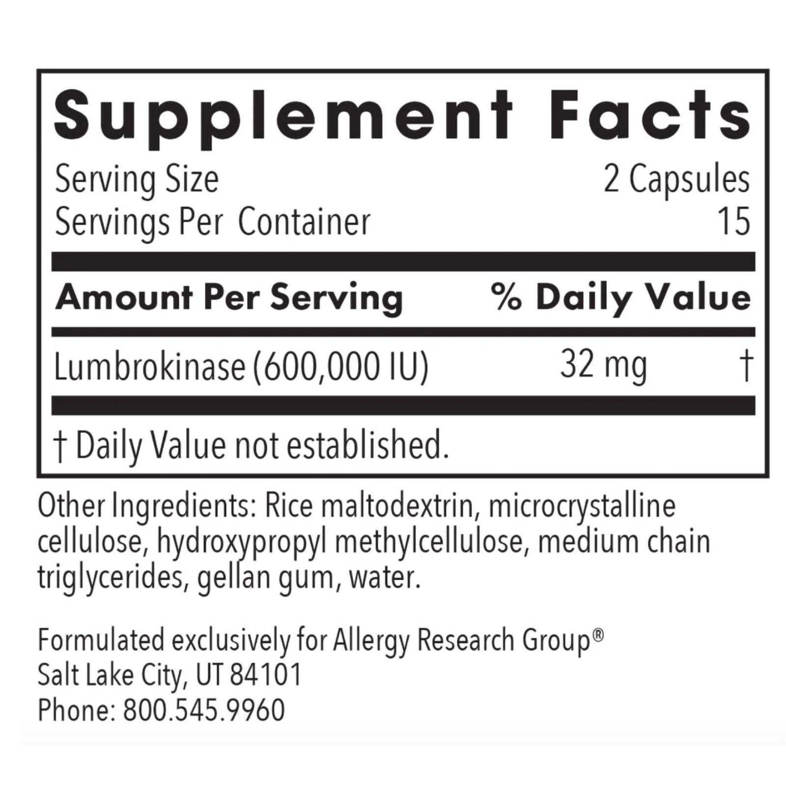 Supplement facts label for Lumbrokinase capsules with serving size, servings per container, and ingredient list.