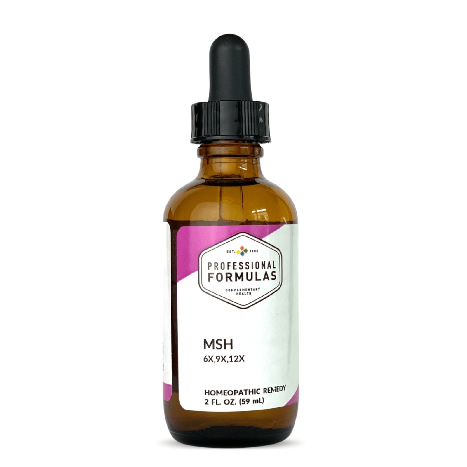 A bottle of MSH Homeopathic supplement with a dropper, labeled as Professional Formulas, containing 2 fluid ounces of the product.