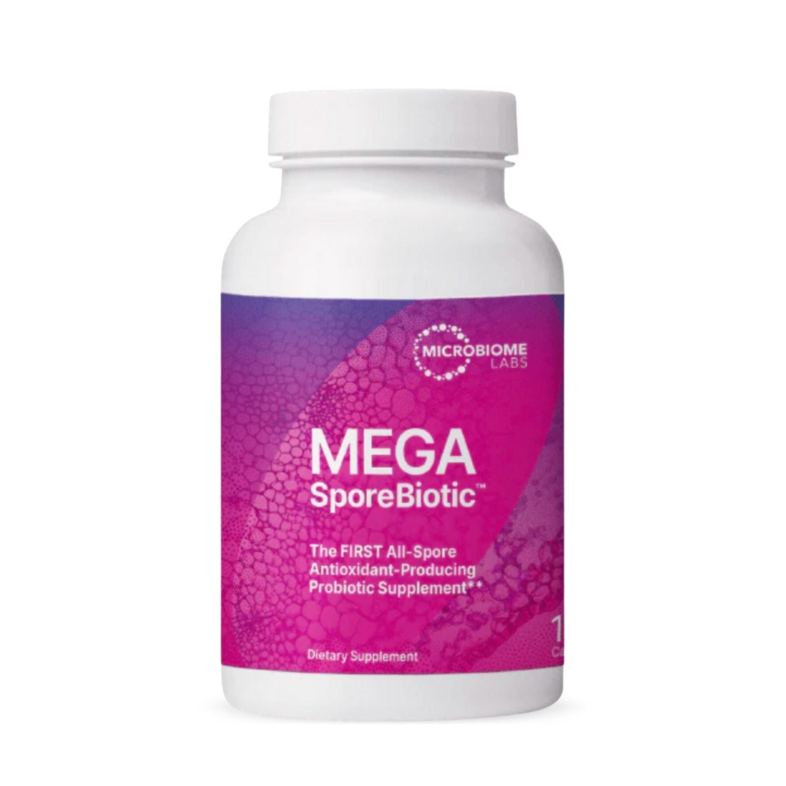 A bottle of MegaSporeBiotic, a dietary supplement by Microbiome Labs, with a white and purple label.