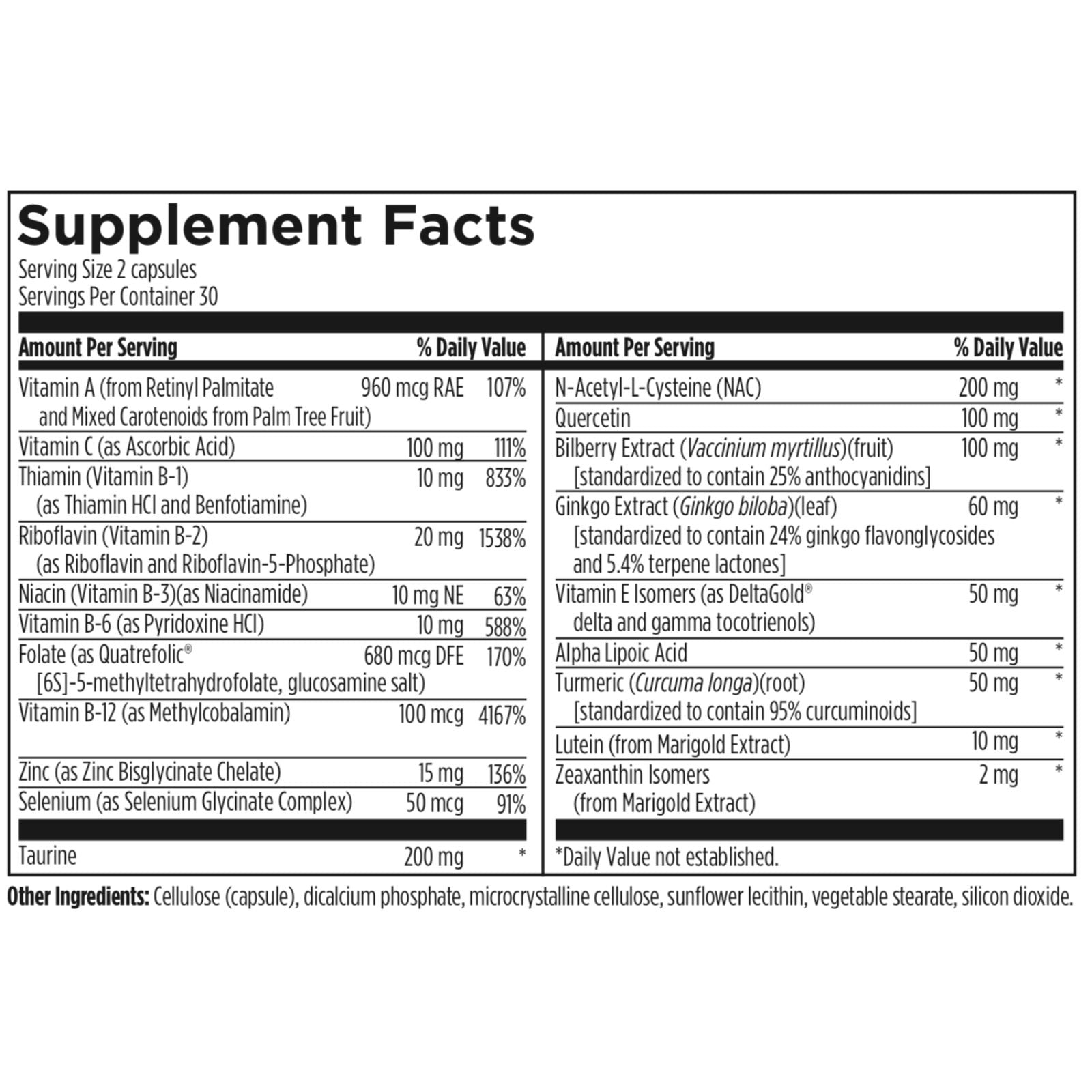 Supplement facts label with detailed nutritional information on a white background