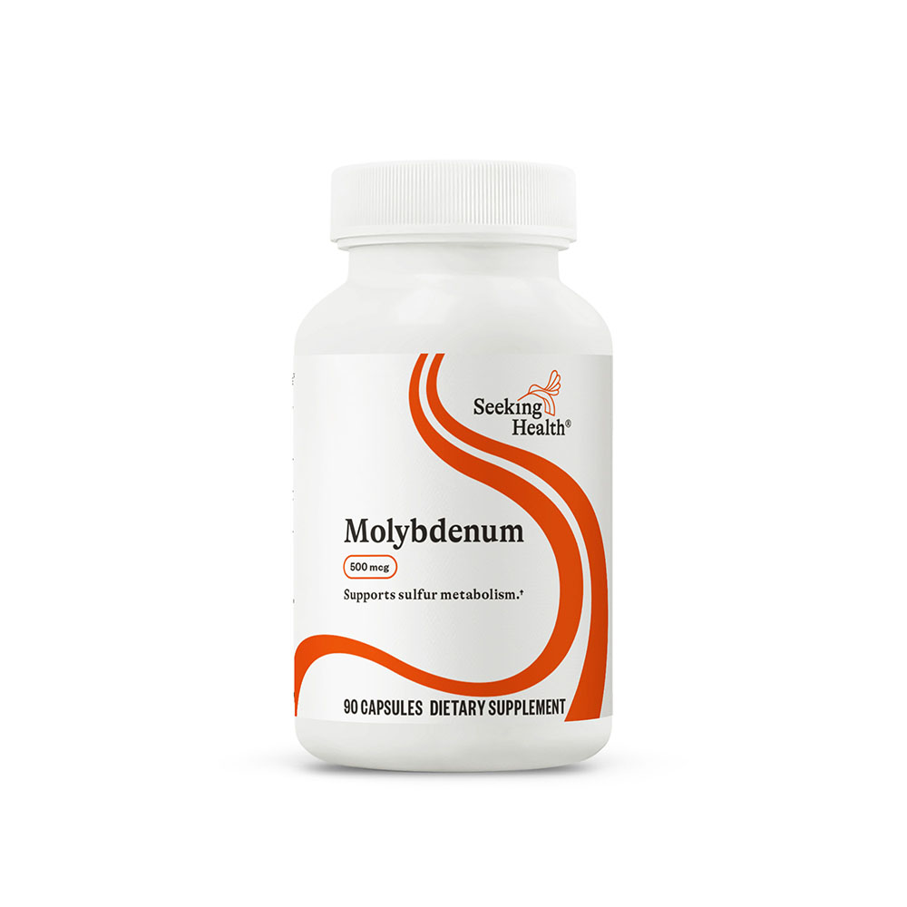 Supplement bottle labeled 'Seeking Health Molybdenum' on a white background