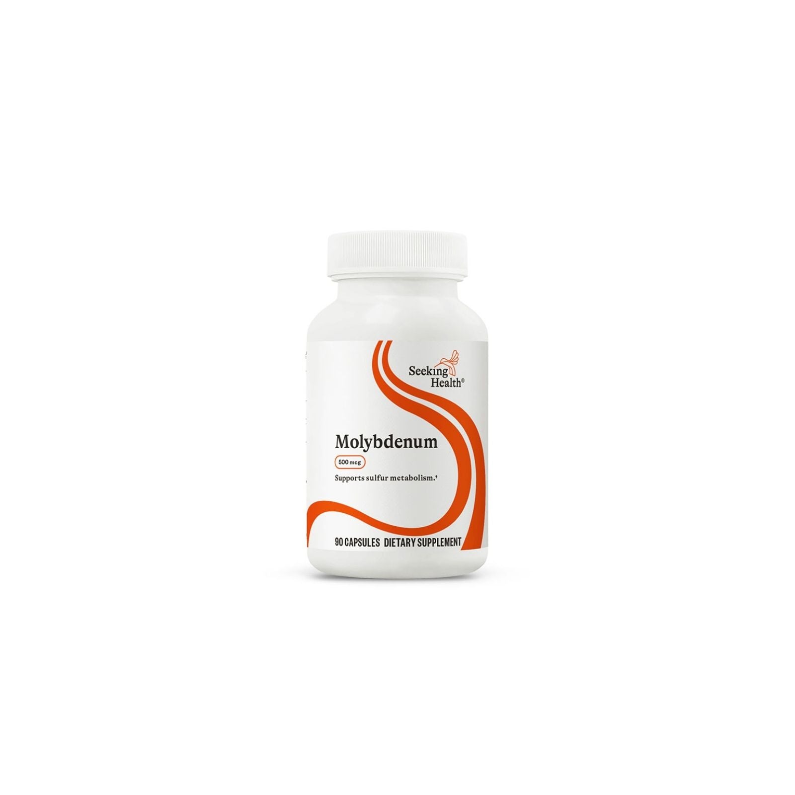 Supplement bottle labeled 'Seeking Health Molybdenum' on a white background
