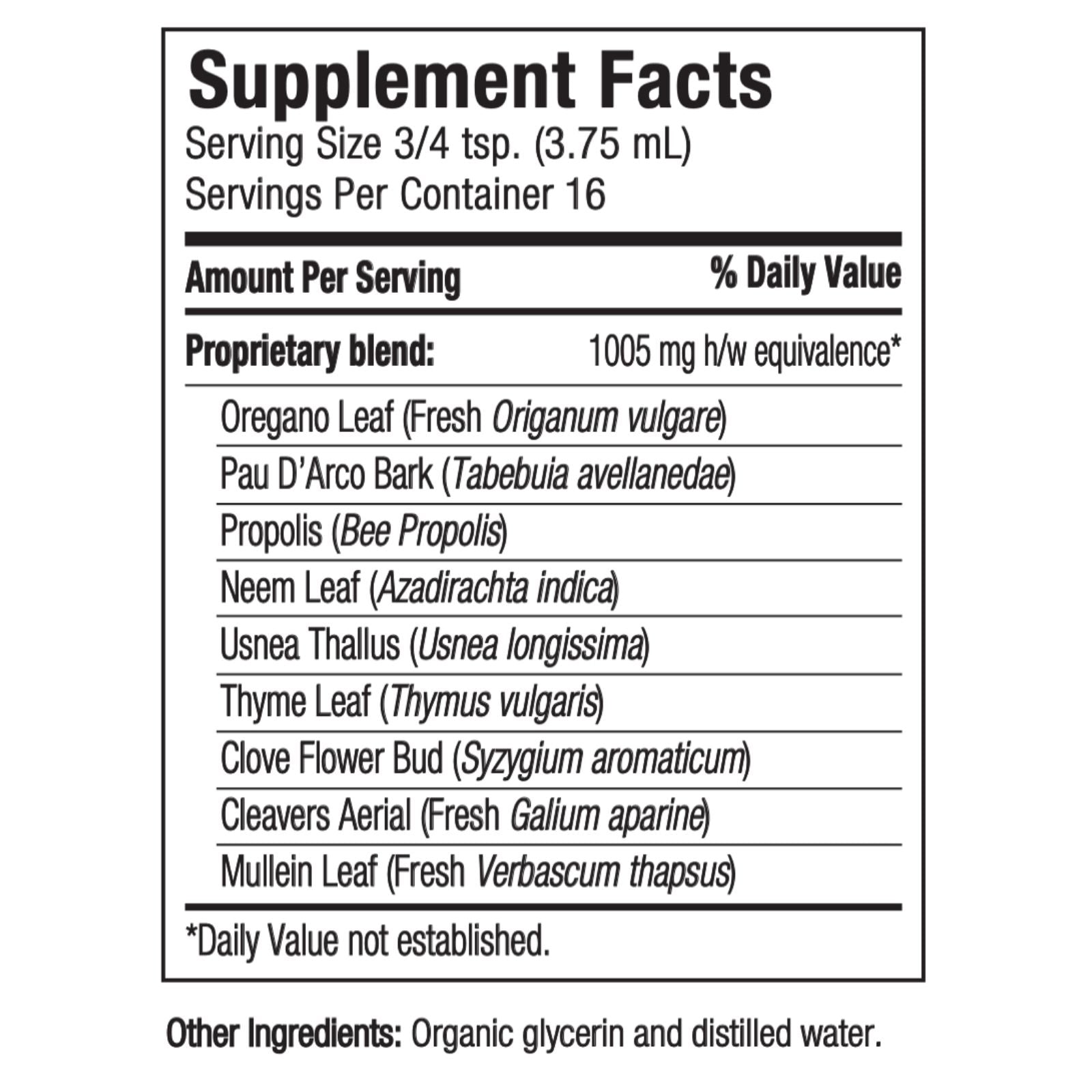 Supplement facts label with herbal ingredients and serving size details.