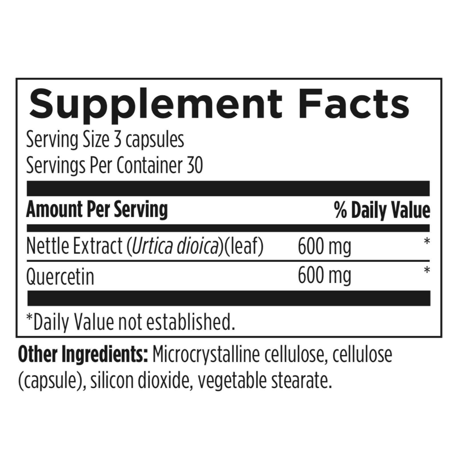 Supplement facts label with nettle extract and quercetin on a white background