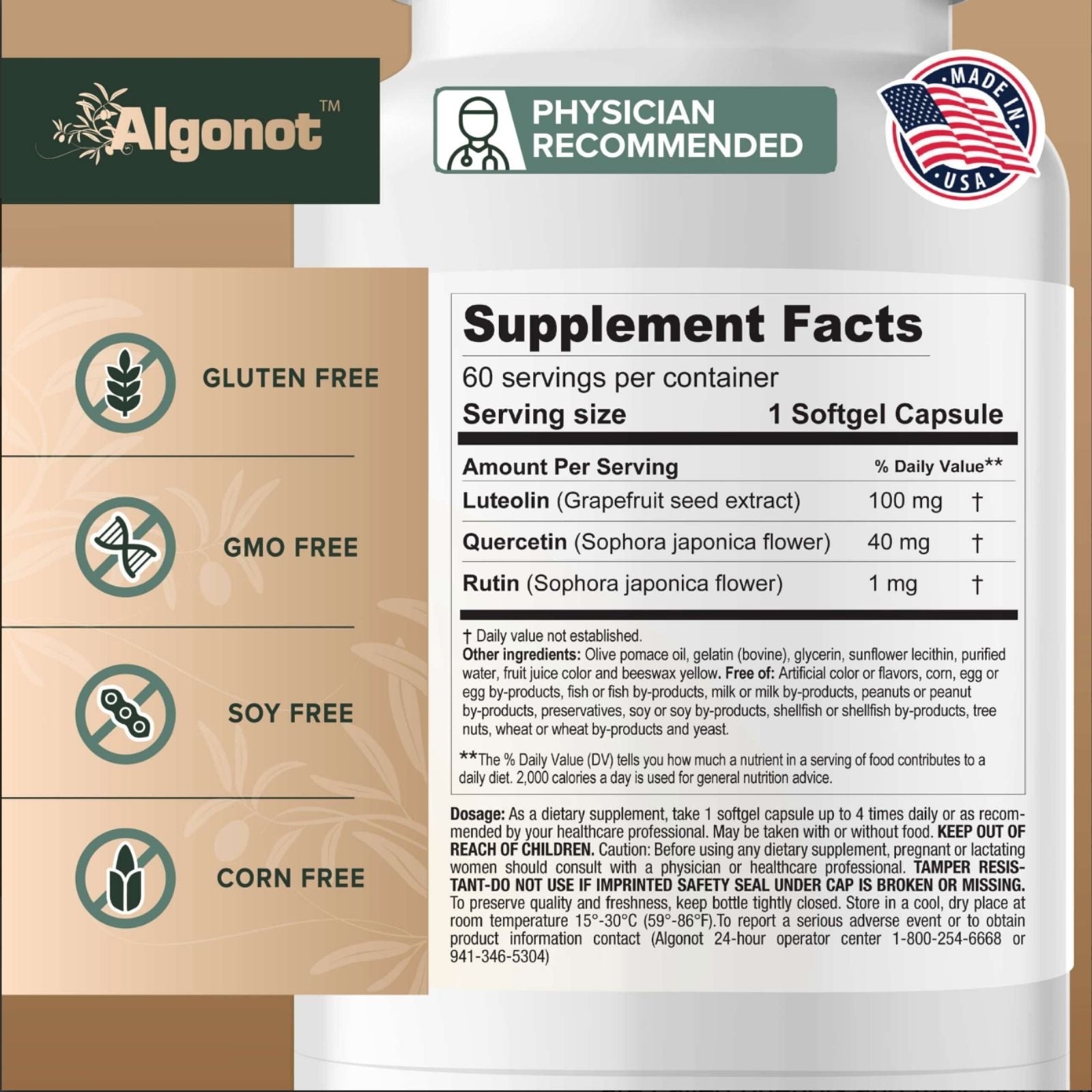 Supplement package with Algonot branding and supplement facts label.