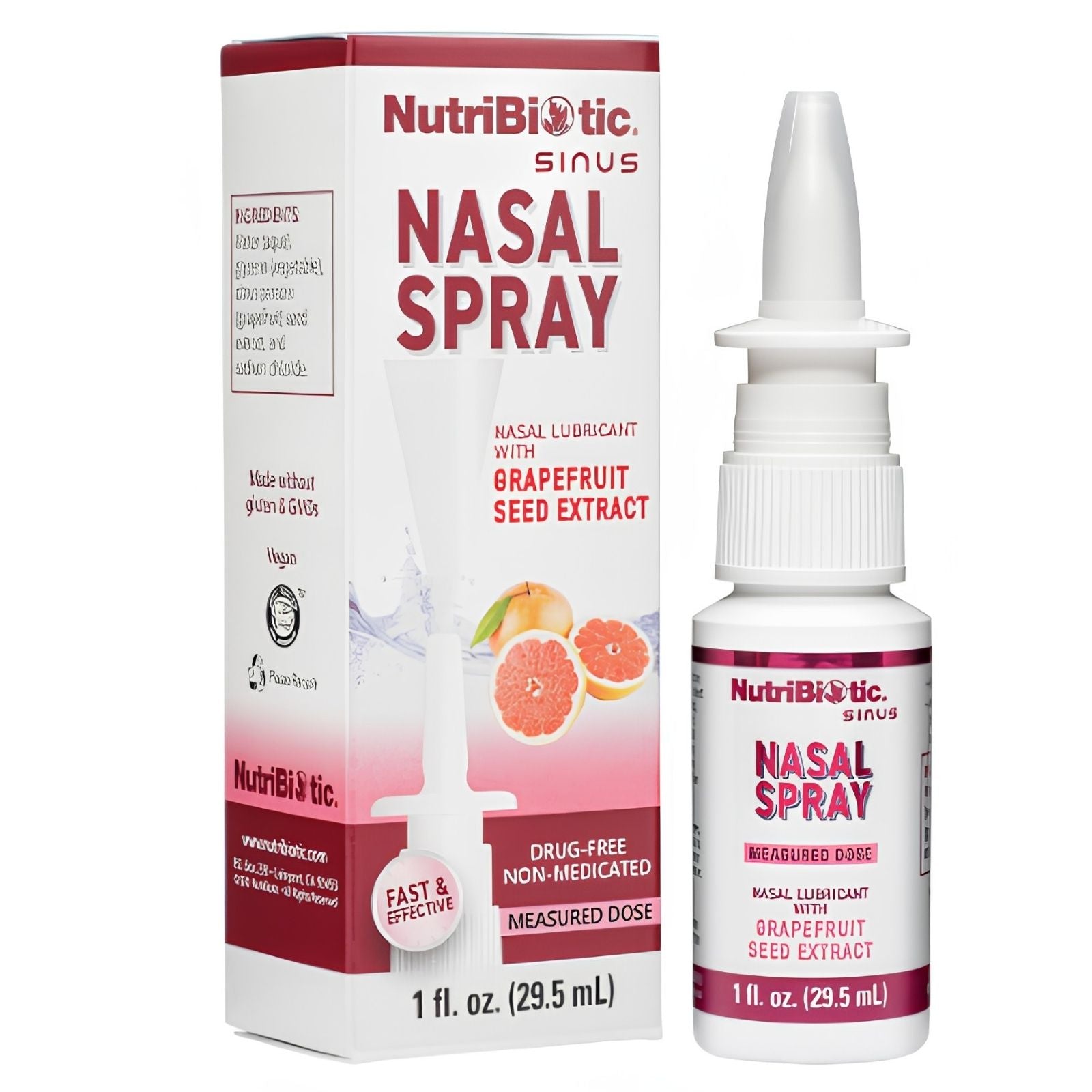 NutriBiotic Sinus Nasal Spray packaging and bottle on a white background