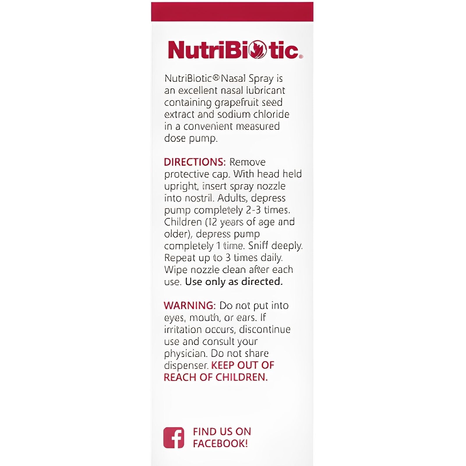 NutriBiotic nasal spray label with directions and safety information.