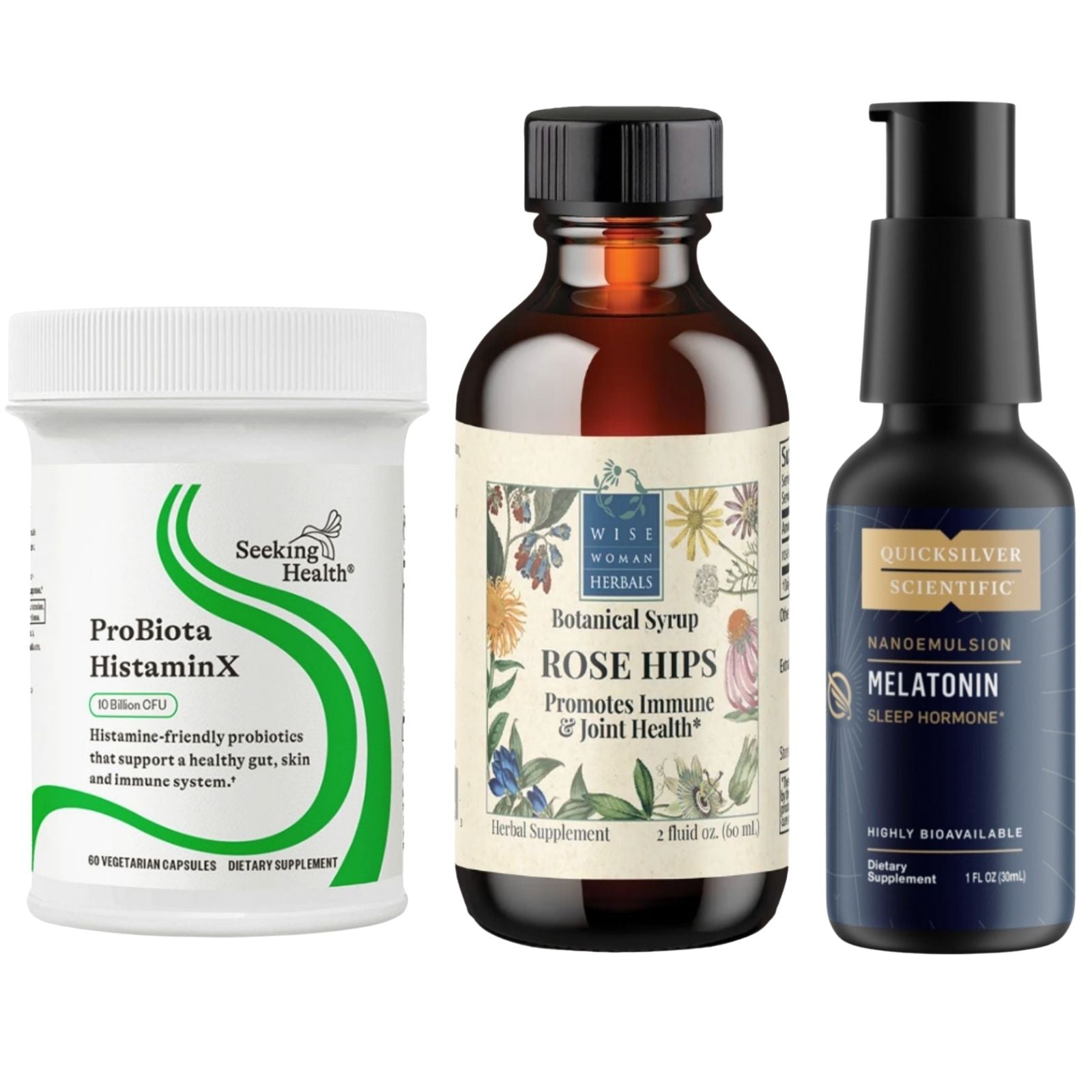 Four dietary supplement bottles on a white background
