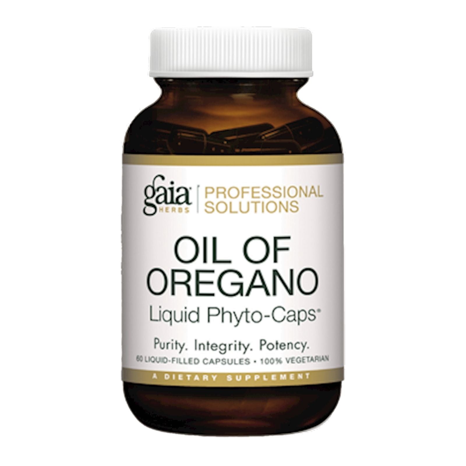 A bottle of Gaia Herbs Oil of Oregano Liquid Phyto-Capsules, with 60 capsules, labeled as a dietary supplement.