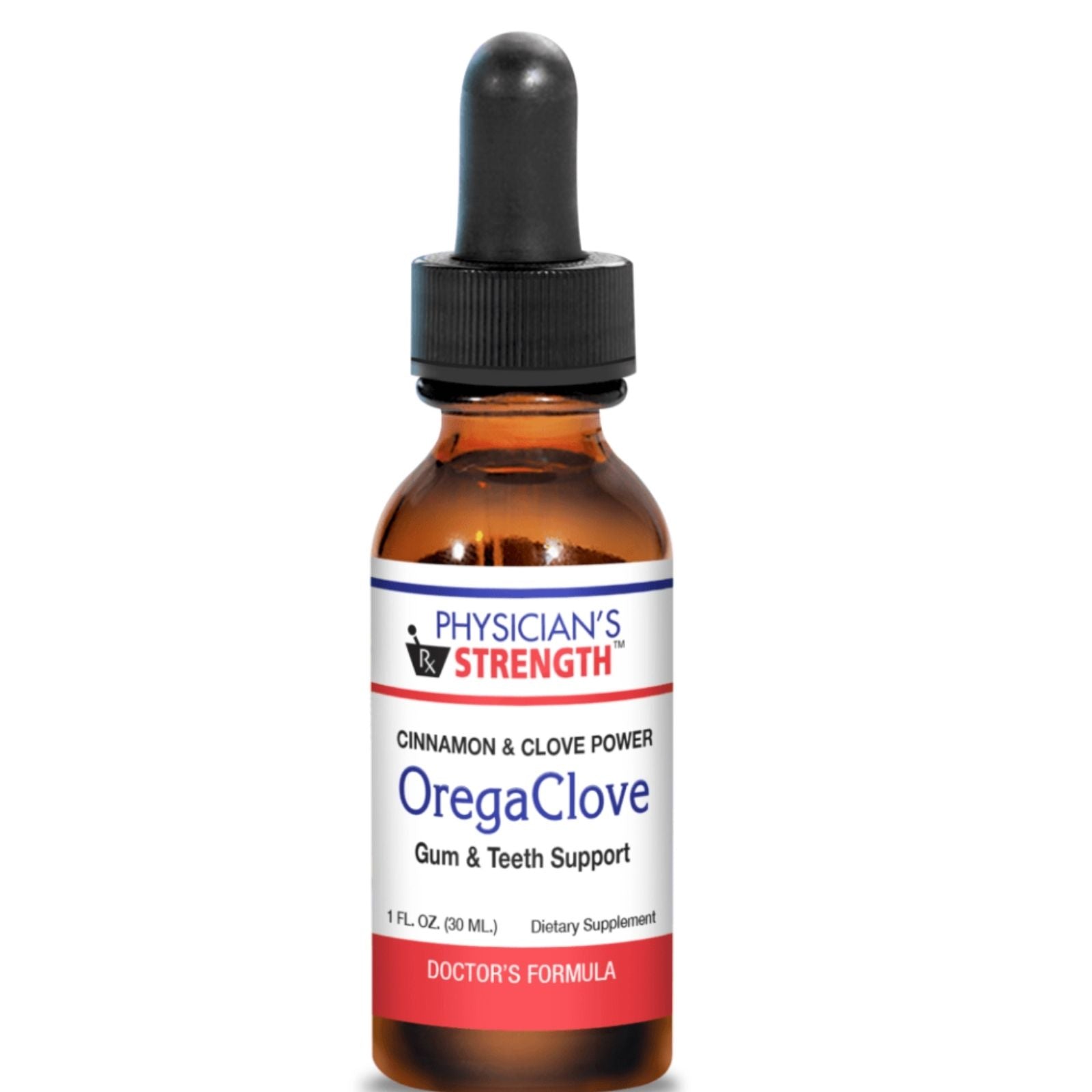 Bottle of Physician's Strength OregaClove supplement with dropper on a white background